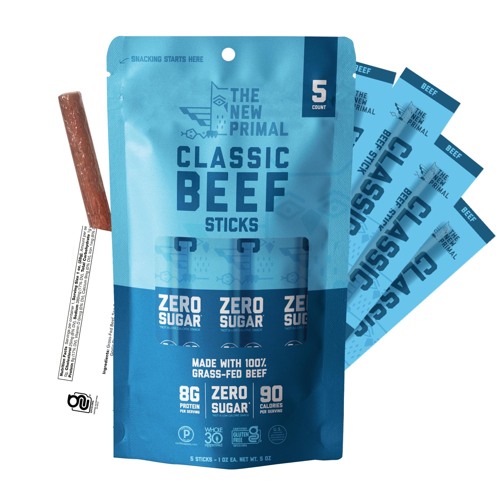 The New Primal The New Primal Grass Fed Beef Sticks, Keto, Gluten Free Healthy Snacks for Adults, Sugar Free Low Carb High Protein Snack, Paleo Whole30 Jerky Meat Stick, 8g Protein, 5 Pack