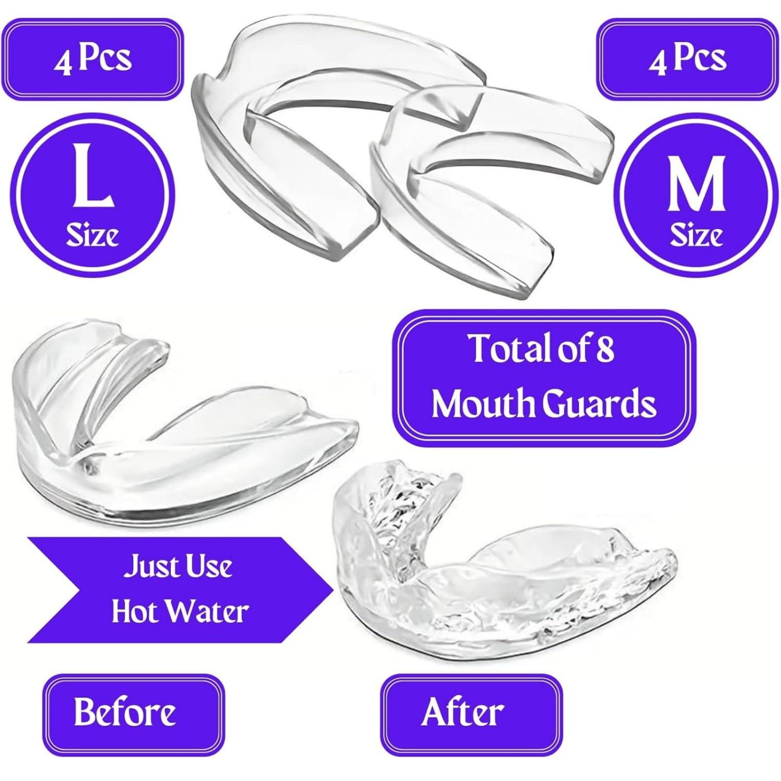 Lumeeno Mouth Guard for Grinding Teeth at Night Guards for Teeth Grinding 8-Pack (2 Sizes) and 2 Travel Cases Trimmable Design Hot Water Fit Mouthguard for Tooth Protection