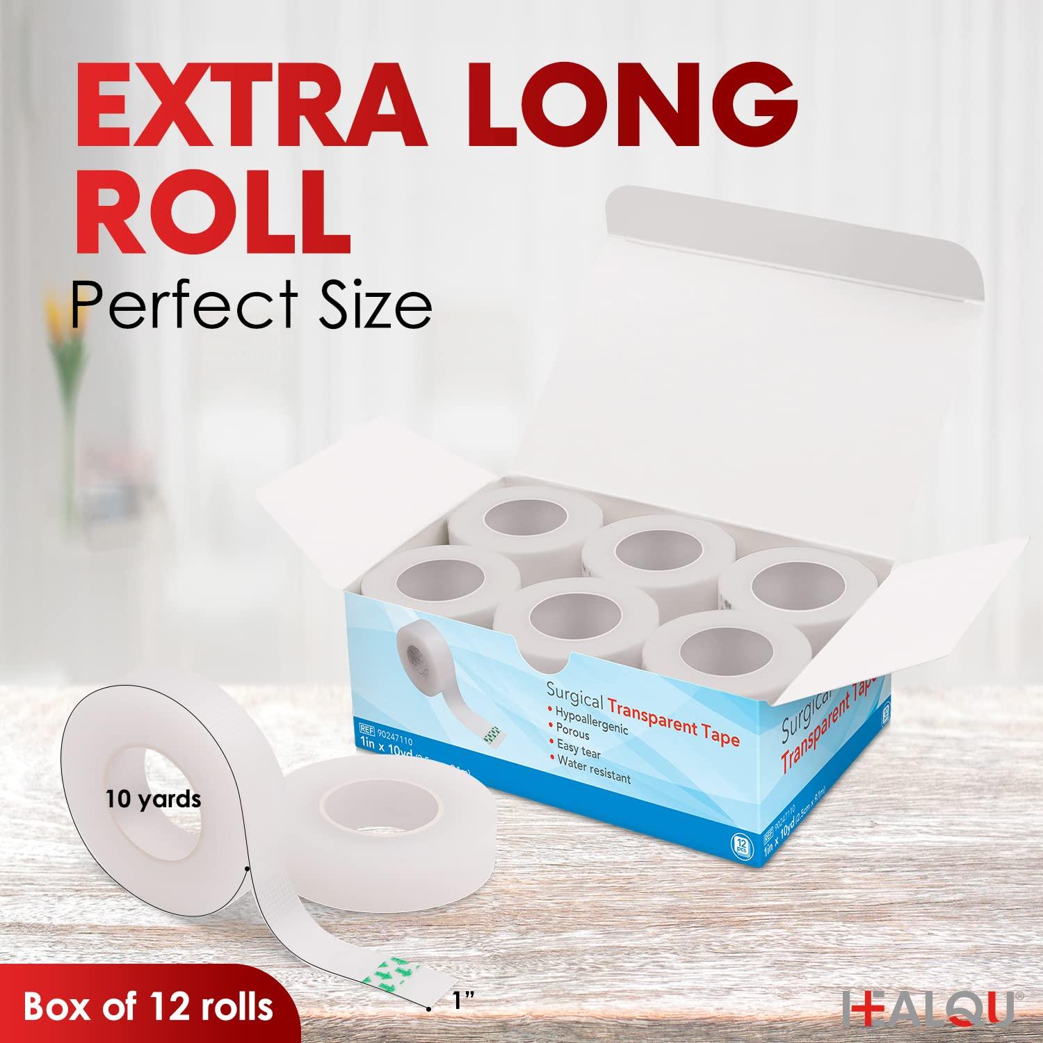 Healqu HEALQU Transparent Medical Tape - Box of 12 Rolls, 1\" x 10yd Surgical Tape with Gentle Adhesion for Sensitive Skin for Wound Care,Tubing, First Aid Supplies - Breathable, Microporous Tape