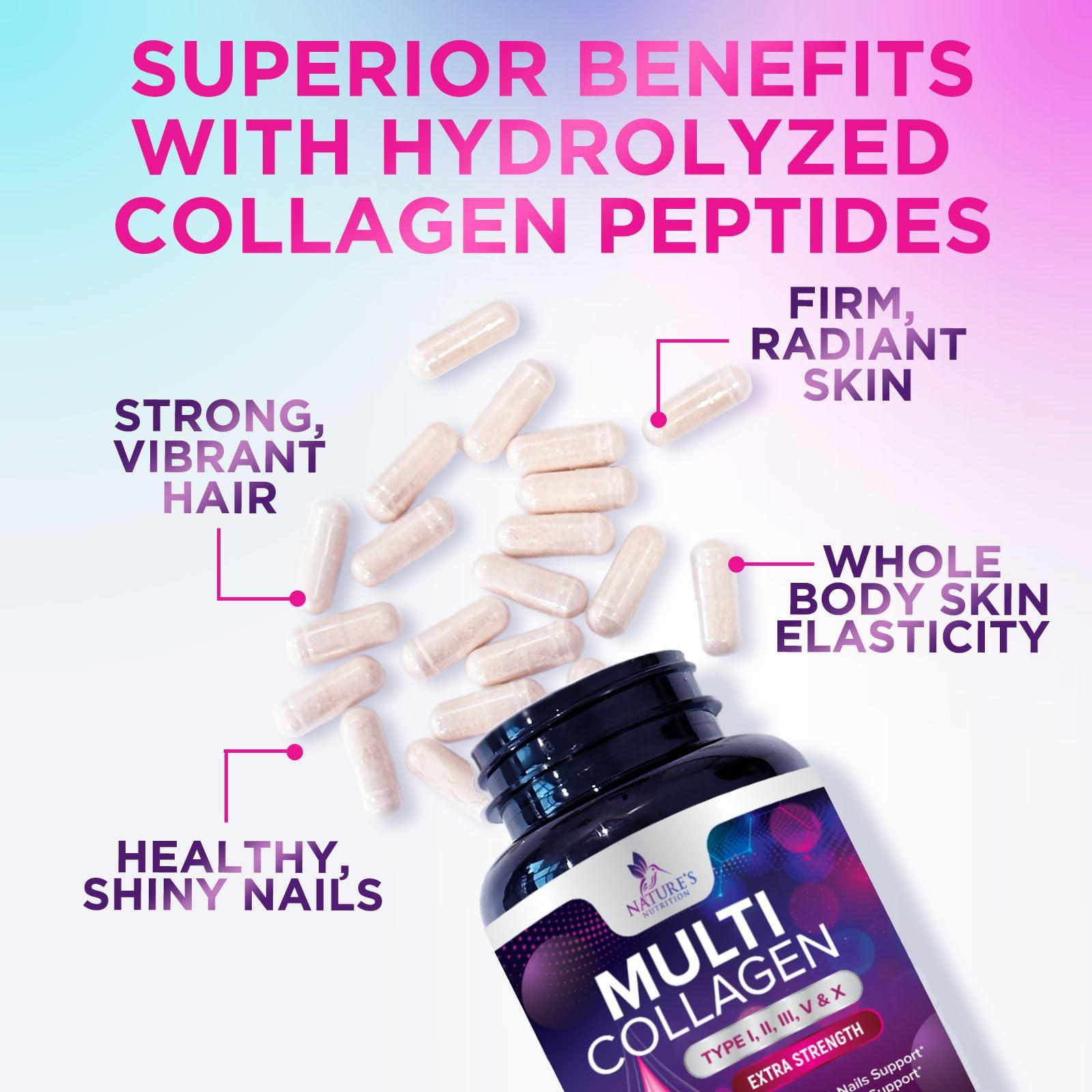 Nature's Nutrition Multi Collagen Supplement for Women & Men - Type I, II, III, V, X Multi Collagen Pills, Hydrolyzed Collagen Peptides Supplements, Nature's Hair, Skin, Nail, and Joint Support Supplement, 240 Capsules