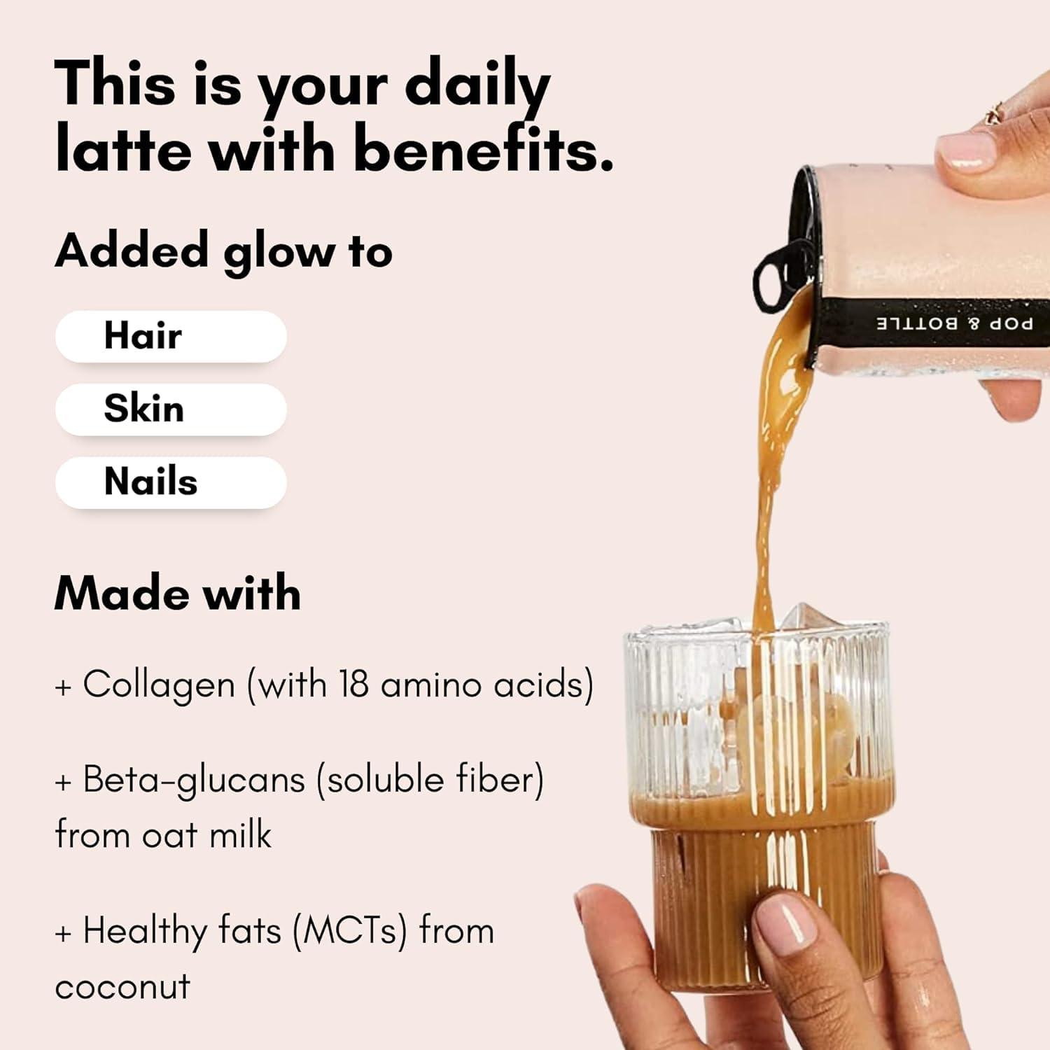 Pop & Bottle Pop & Bottle Vanilla Oat Milk Lattes - Cold Brew, Sustainably Sourced Marine Collagen, MCT Oil, Organic, Dairy Free, Gluten Free, Lightly Sweetened with Dates - 8 Fl Oz (Pack of 10)