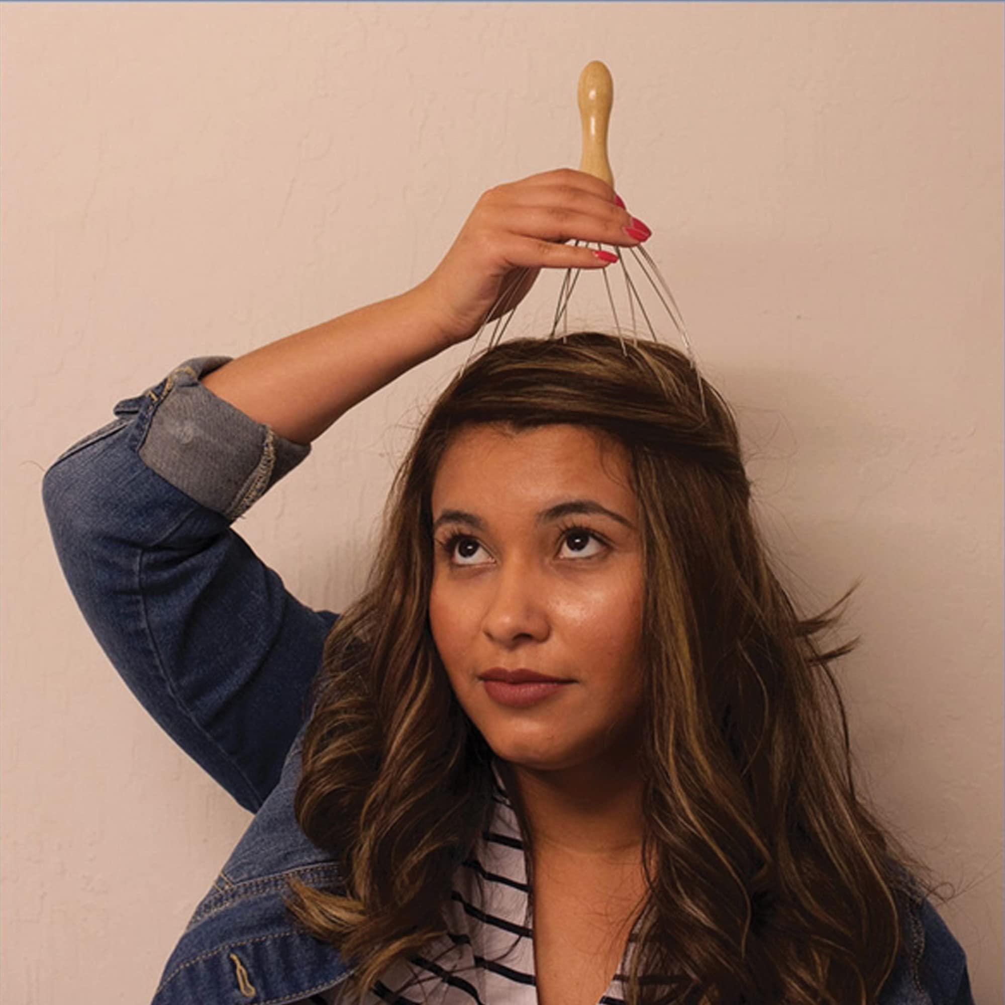 ABDJ 10inch Deluxe Comfort Portable Hand Held Scalp Head Massager Alleviate Stress Promotes Deep Relaxation Light Weight Portable Scalp Massager, Wood Handle Silver