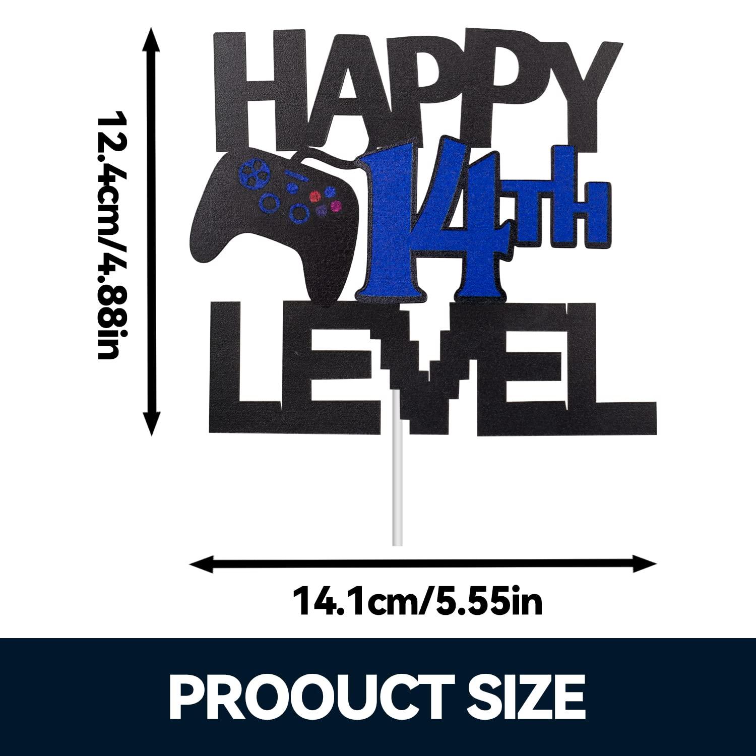 LQINBIBJ Video Game Cake Topper For Happy 14th Level Birthday Decoration - Glitter Happy 14th Birthday Video Game Cake Topper - Gamer Levle 14th Unlocked Birthday Party Cake Decorations