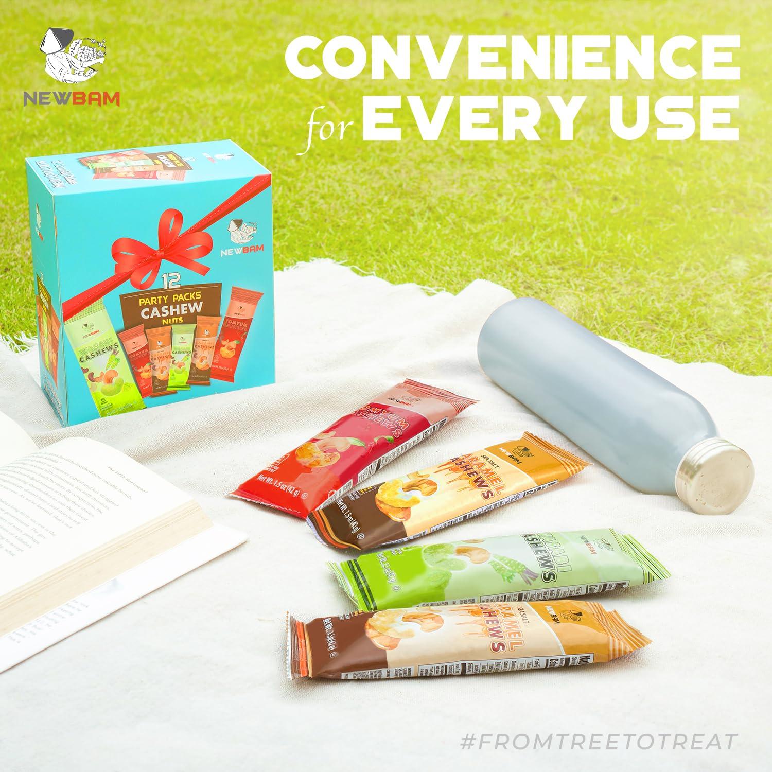 NEWBAM NEWBAM Mix Cashews Variety Packs (Wasabi, Tom Yum, Sea Salt Caramel) - 12 Cashew Snack Packs Roasted Nuts (1.5oz Each) Keto, Vegan, Gluten-Free - Healthy Snacks for Trail Mix, Office, or Party