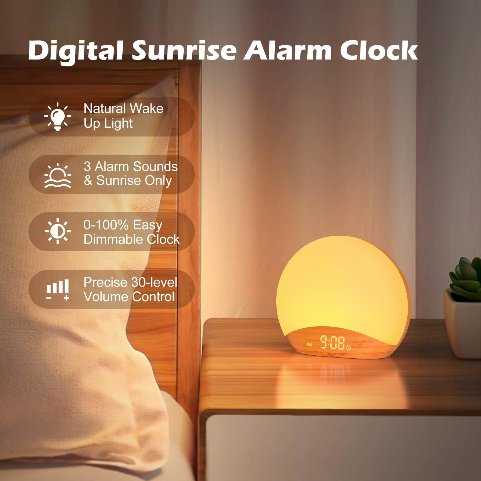 REACHER REACHER Wood Grain Sunrise Alarm Clock and Sound Machine Nightlight, Digital Dimmable Clock for Bedroom, 26 Sleep Sounds, White Noise Machine for Baby, Adults, Wake Up Light Alarm Clock for Kids