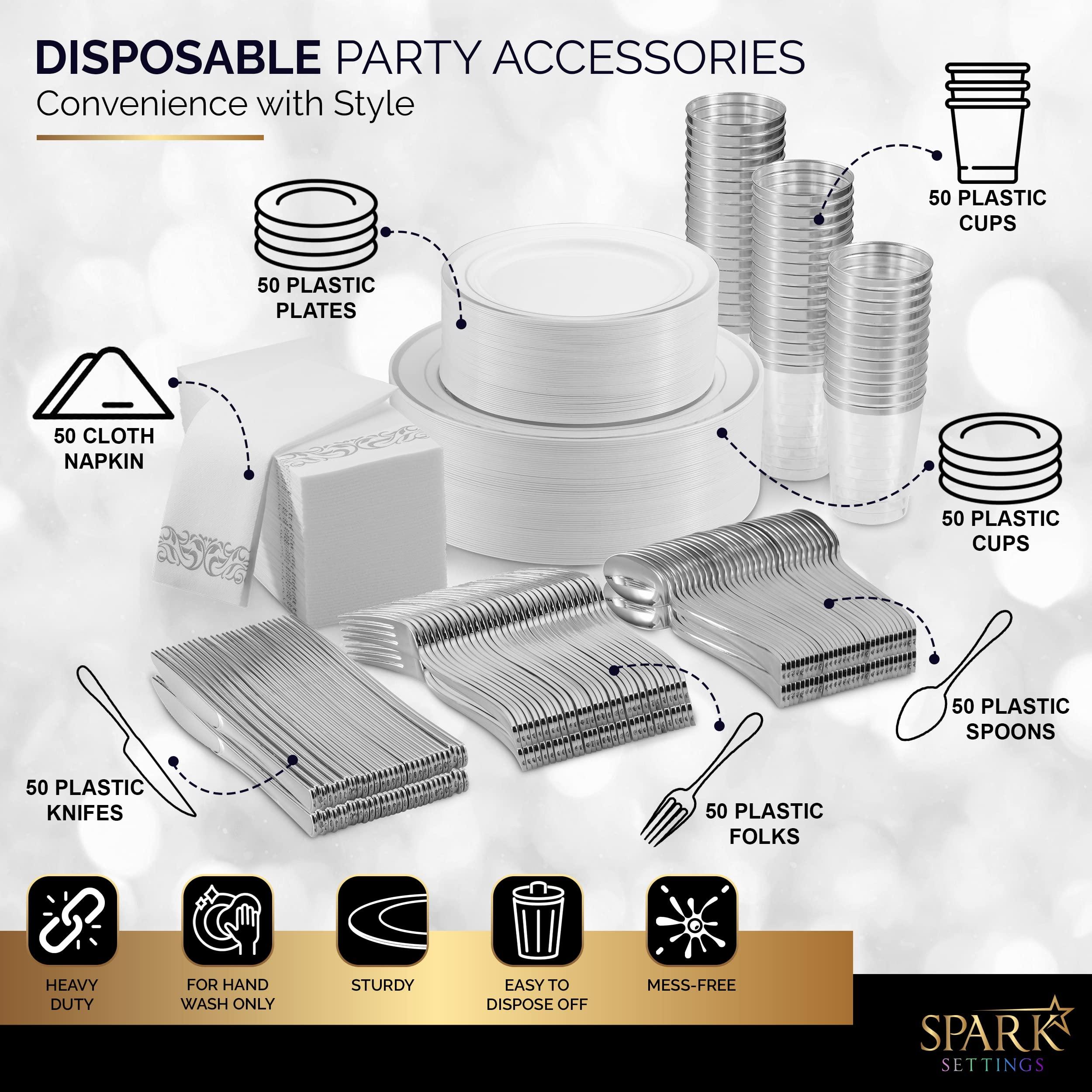 SparkSettings Silver Plastic Plates For Party - Silver Plastic Silverware - 350 PC Wedding Dinnerware Set For 50 Guests,100 Silver Plastic Party Plates, 50 Cups, 50 Silver Cutlery Sets & 50 Napkins-By SparkSettings