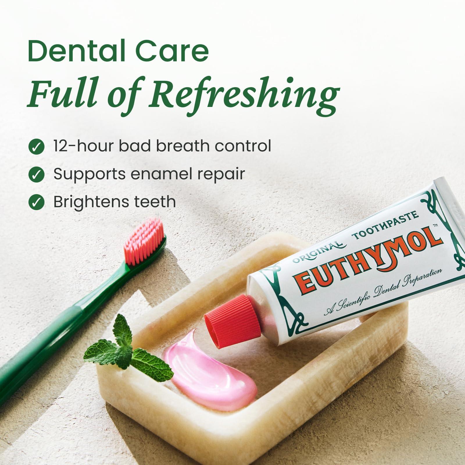 Euthymol EUTHYMOL Original Toothpaste (3.7fl oz, Pack of 5) - Fluoride-Free Toothpaste for Sensitive Teeth & Gum. Bad Breath, Cavity Prevention, 12-Hour Long Lasting Freshness with Wintergreen.