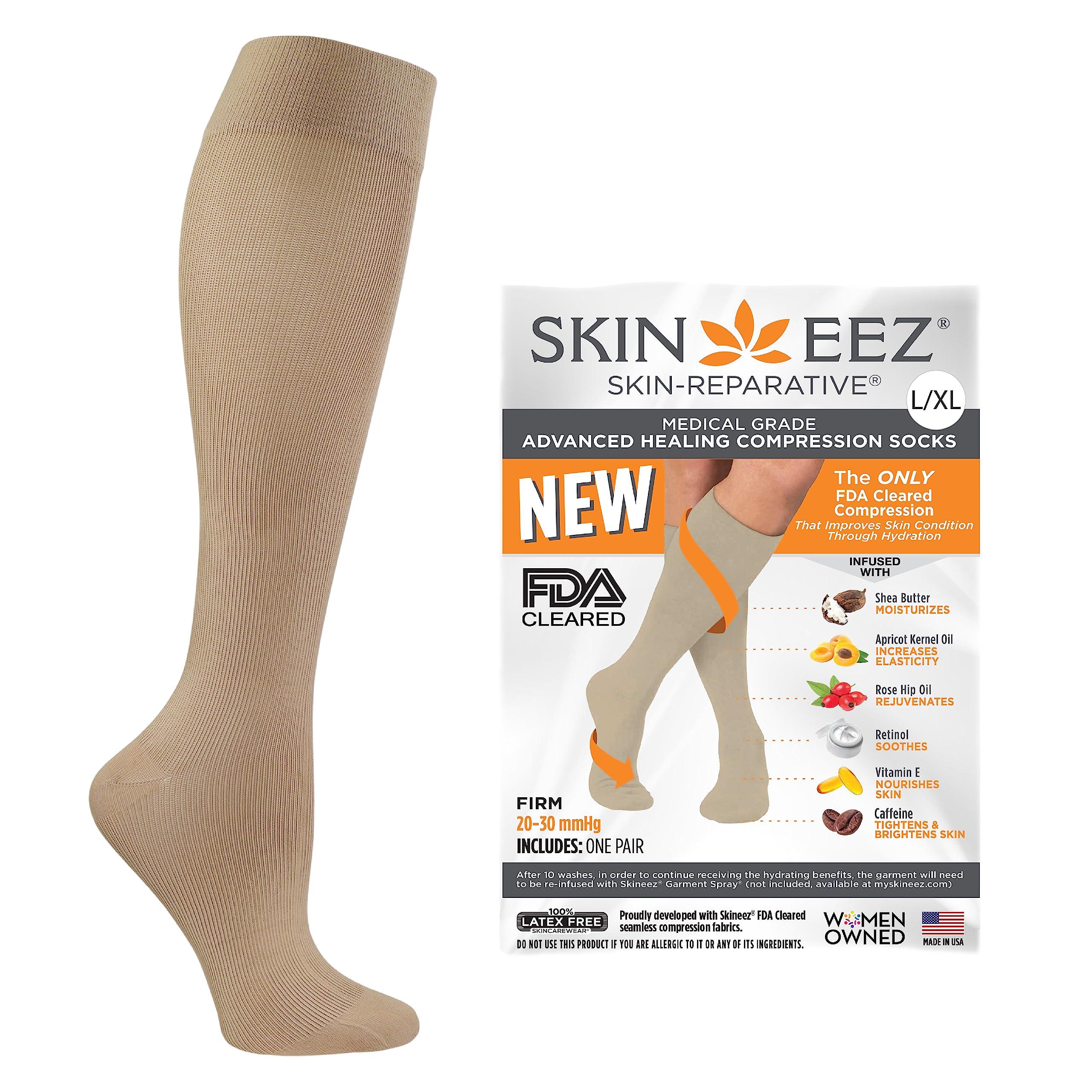 Skineez Skincarewear Skineez Compression Socks, Medical Grade, Advanced Healing Compression Socks 20-30mmHg, Clinically Proven to Firm, Moisturize, and Revitalize Skin, Foot Arch, Heel, and Nerve Pain Relief, Tan, Large/XLarge, 1 Pair