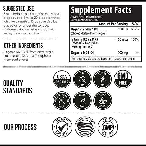Triquetra Health Organic Plant D3 + K2 (5000 iu D3) - All-Trans MK7 from MenaQ7 (120 mcg K2) - 100% Organic & Plant-Based Sublingual D3 Drops (Cholecalciferol), 100% Vegan - Supports Immunity, Bone(1oz)