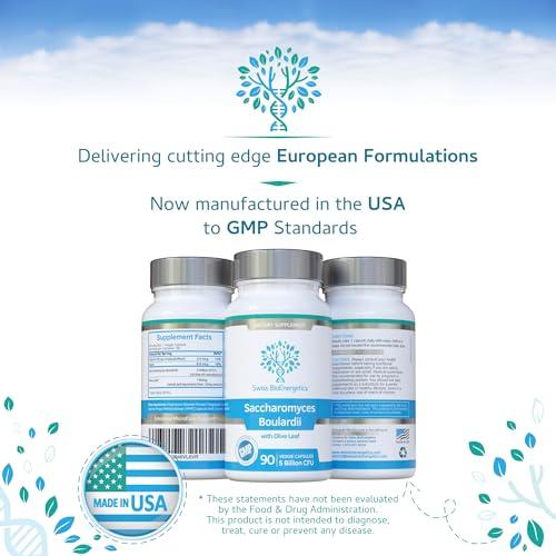 swiss bioenergetics Saccharomyces Boulardii 5 Billion CFU 90 Capsules - No Refrigeration Required - High Strength Non-Colonising Yeast with synergistic Olive Leaf, Biotin and Vitamin D3