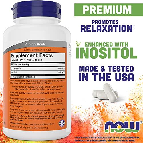 Now Now Foods L-Theanine, Double Strength 200 mg Per Cap - 180 Veg Capsules - Enhanced with 100mg Inositol - Vegetarian, Non-GMO - Ltheanine 200mg Supplement