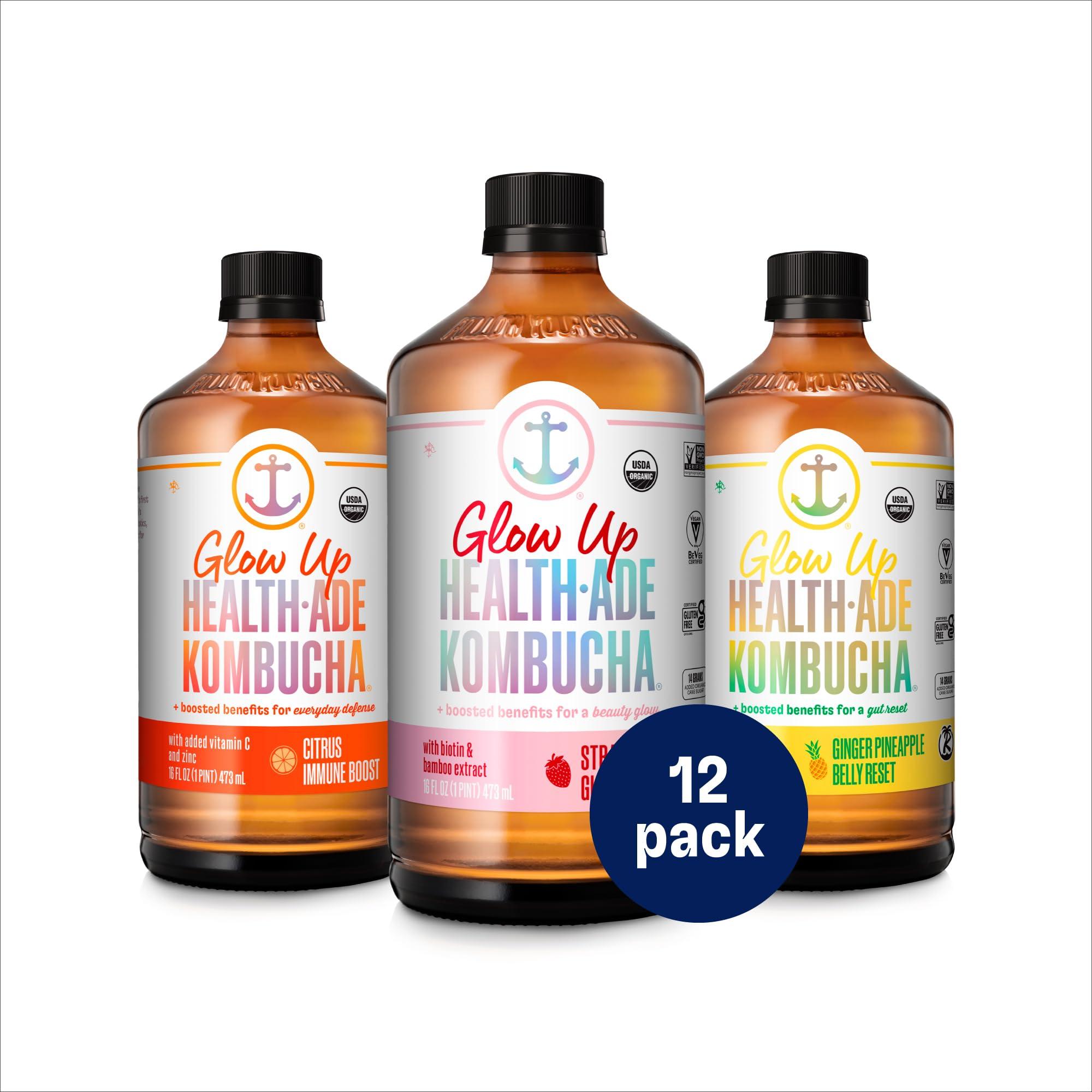 Health-Ade Health-Ade Kombucha Tea Organic Drink, Fermented Tea with Living Probiotics, Detoxifying Acids, Supports Gut Health, Non-GMO, Vegan, Gluten Free, 12 Pack (16 Fl Oz Bottles), Glow Up Variety Pack