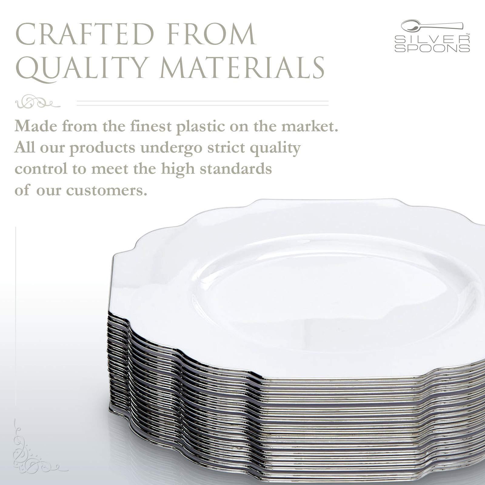 Silver Spoons SILVER SPOONS Elegant Plastic Plates for Party with Scalloped Rim (10 PC), Disposable Heavy-Duty Dessert Plates for Wedding Reception - 6, Fancy Plastic Dinnerware Sets with Silver Edge - White