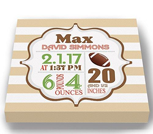 MuralMax Personalized Stretched Canvas Birth Announcement Gift, Custom Baby Name, Date, Weight Stats, Newborn Football Nursery Wall Art Decor, Wooden Frame Construction, Ready to Hang 12X12