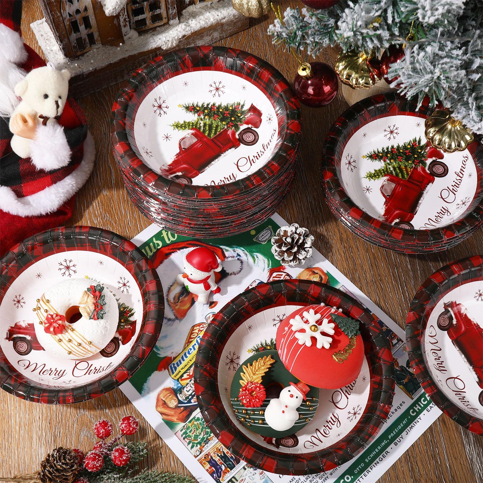Whaline Whaline 100Pcs Christmas Paper Bowls Red Black Plaid Xmas Tree Truck Disposable Serving Bowls Winter Christmas Ice Cream Bowl for Hot Cold Food Party Supplies