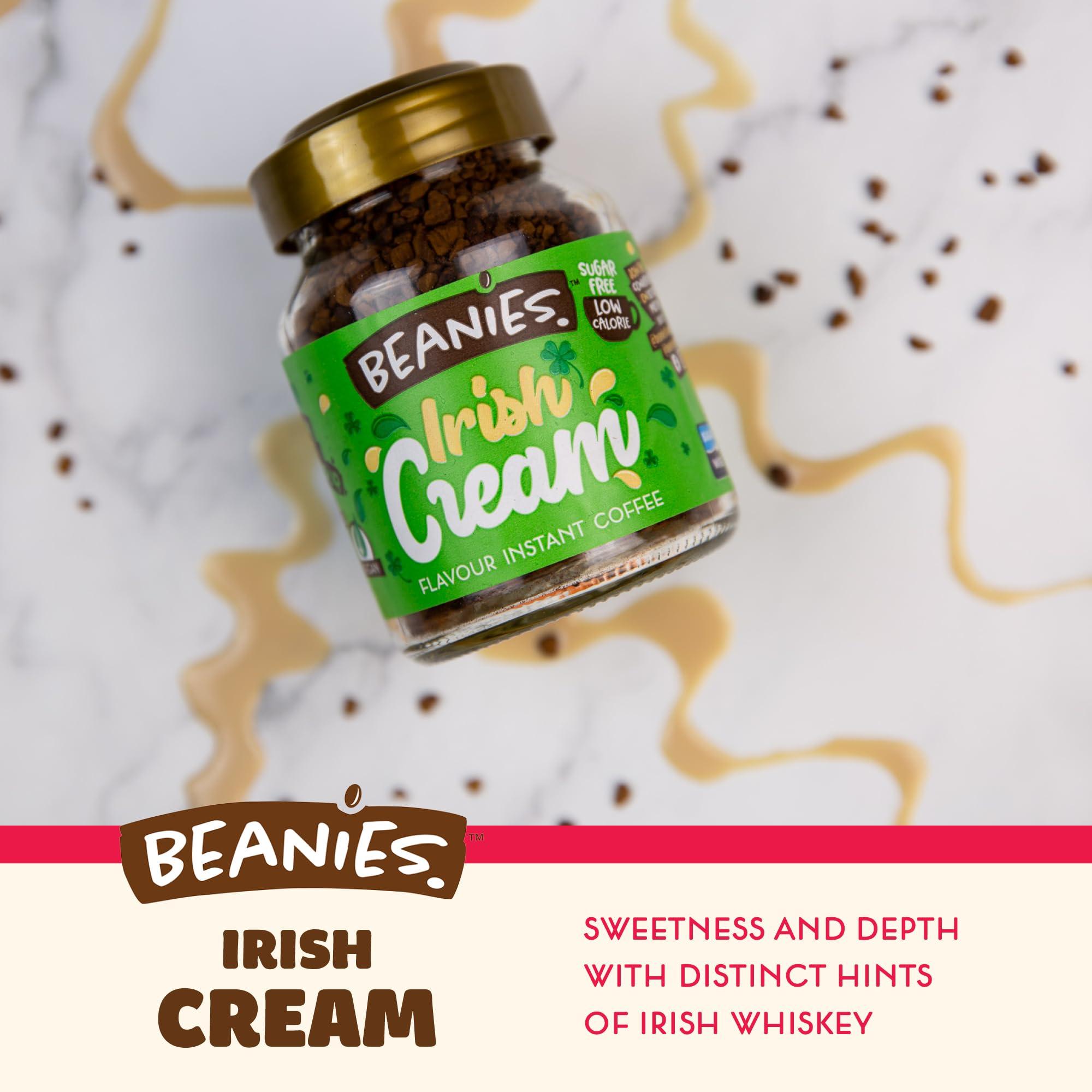 Beanies The Flavour Co Beanies Flavour Instant Coffee - Irish Cream Instant Flavored Coffee - Bold & Adventurous Full-On Flavor - An Indulgent Sugar Free Taste Explosion - Low Calorie - Vegan & Gluten Free - Wheat & Dairy Free, 50g jar