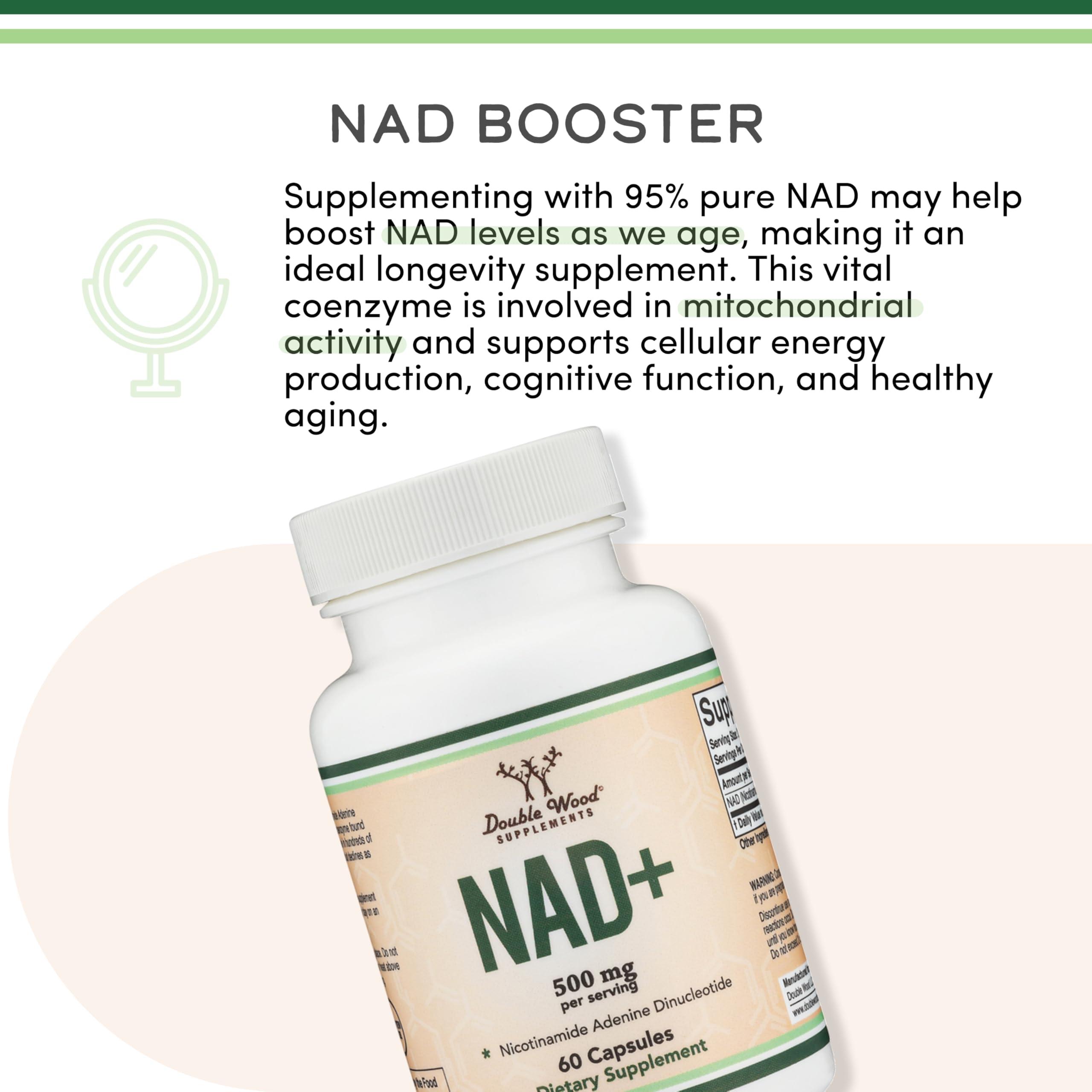 Double Wood Supplements NAD Supplement (500mg of 95% Pure NAD+ Per Serving, 30 Day Supply) NAD Booster Similar to Nicotinamide Riboside (Third Party Tested, Vegan Safe, Non-GMO) by Double Wood