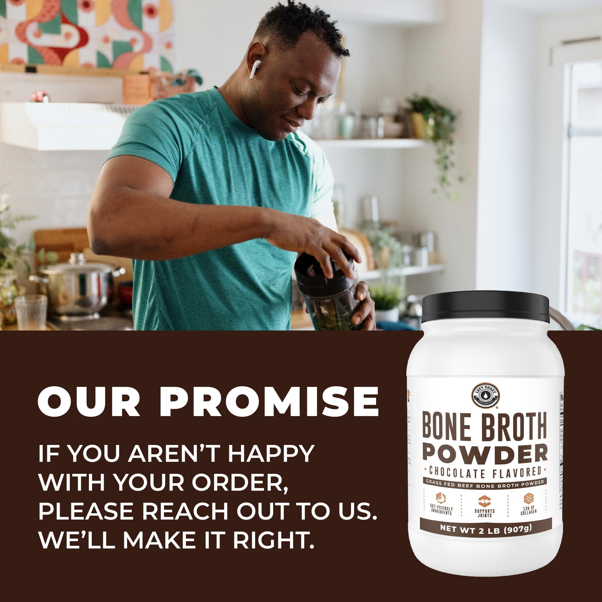 Left Coast Performance Bone Broth Protein Powder, Chocolate, Grass Fed 2lbs, 42 servings 17g protein, 13g Collagen. Low Carb, 2 net Carb, Dairy Free, Keto Friendly Bone Broth Protein Supplement with Collagen Types I & III