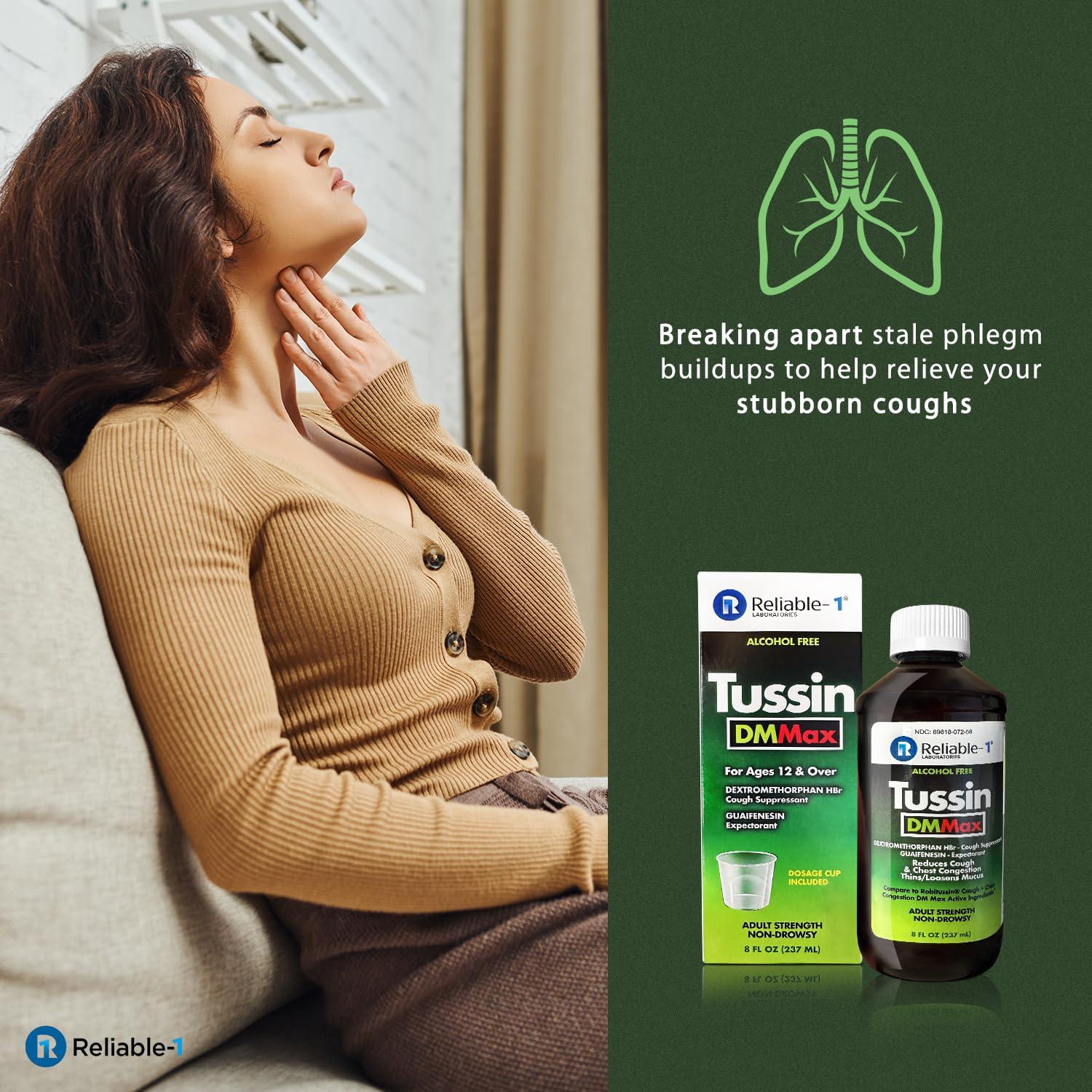 Reliable-1 Laboratories Reliable-1 Laboratories Tussin DM MAX Cough Suppressant, Reduces Cough & Chest Congestion, Thins/Loosens Mucus, Adult Strength Non-Drowsy, 8 FL OZ (237 ML)