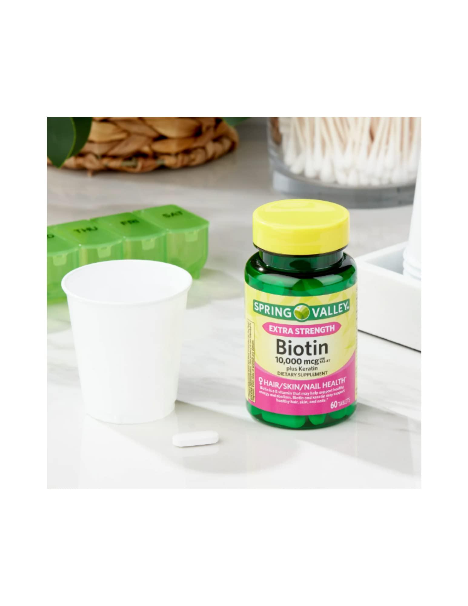 STS Home Spring Valley Biotin 10,000 mcg with Keratin, 60 Tablets (Pack of 2) + STS Sticker.