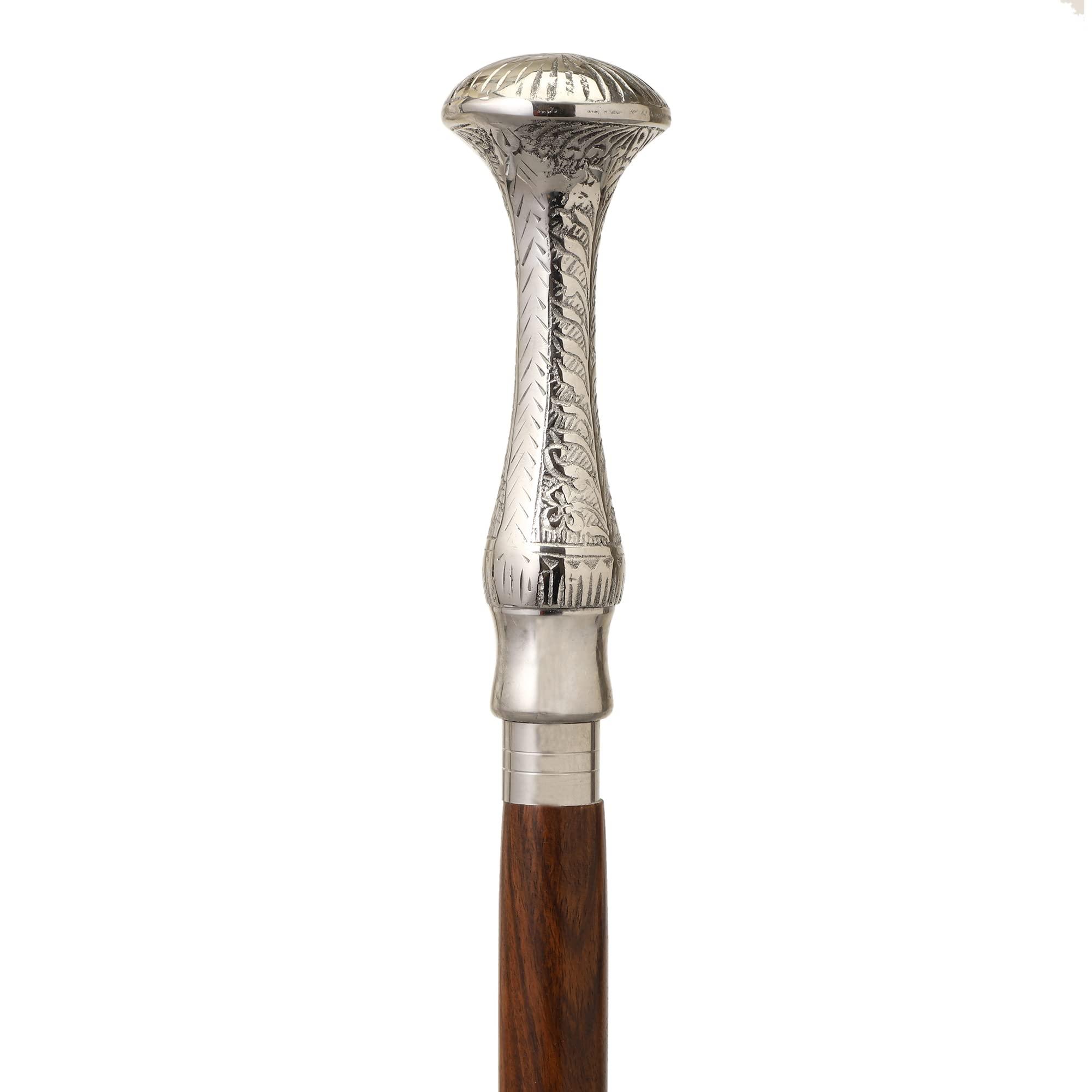 Bhartiya Handicrafts Vintage Walking Cane Wooden Walking Stick Silver Brass Handle, Premium Walking Cane for Men and Women (Long Knob)