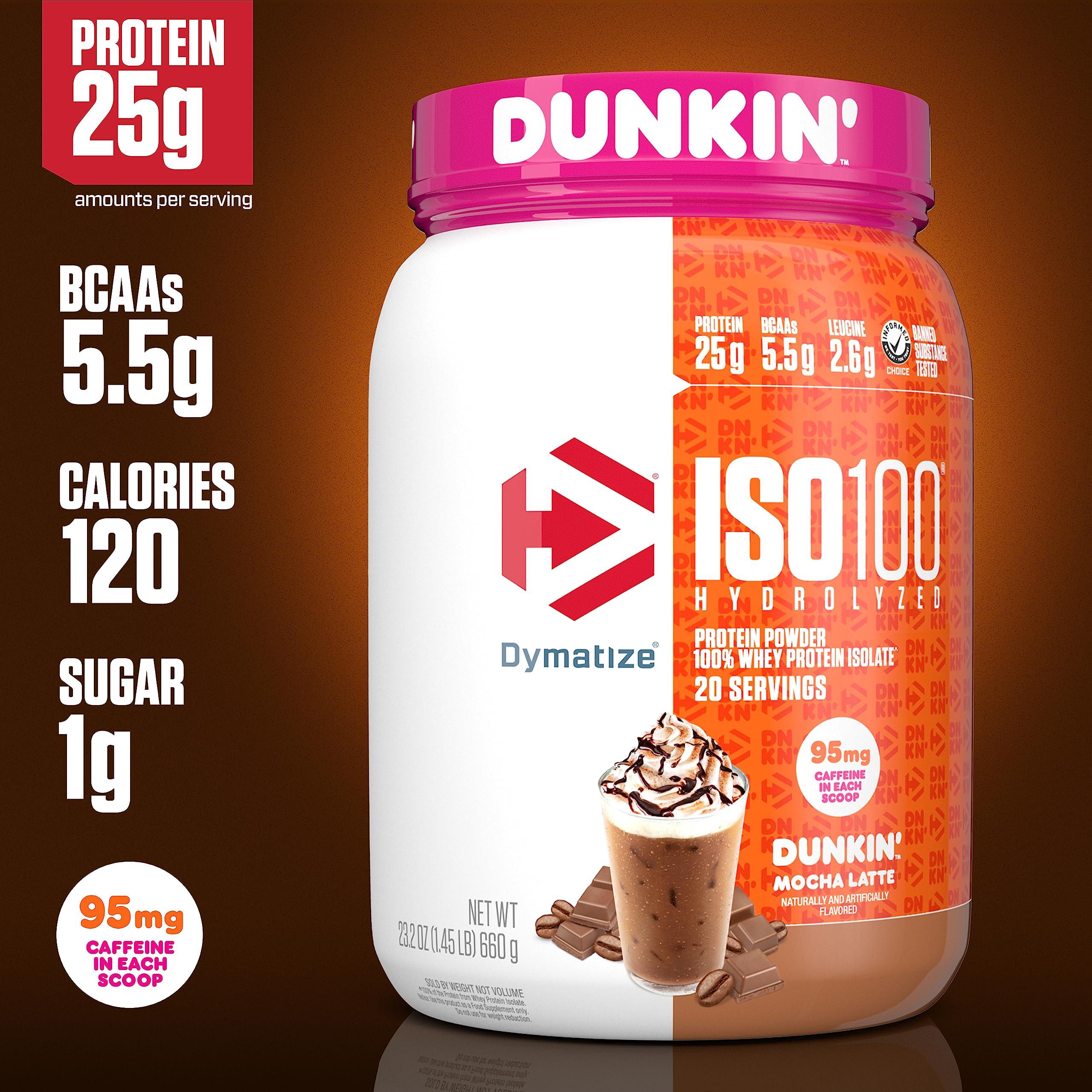 Dymatize Dymatize ISO100 Hydrolyzed Protein Powder, 100% Whey Isolate, Dunkin\' Glazed Donut Flavor, 20 Servings & ISO100 Hydrolyzed Protein Powder in Dunkin\' Mocha Latte Flavor, 100% Whey Isolate Protein