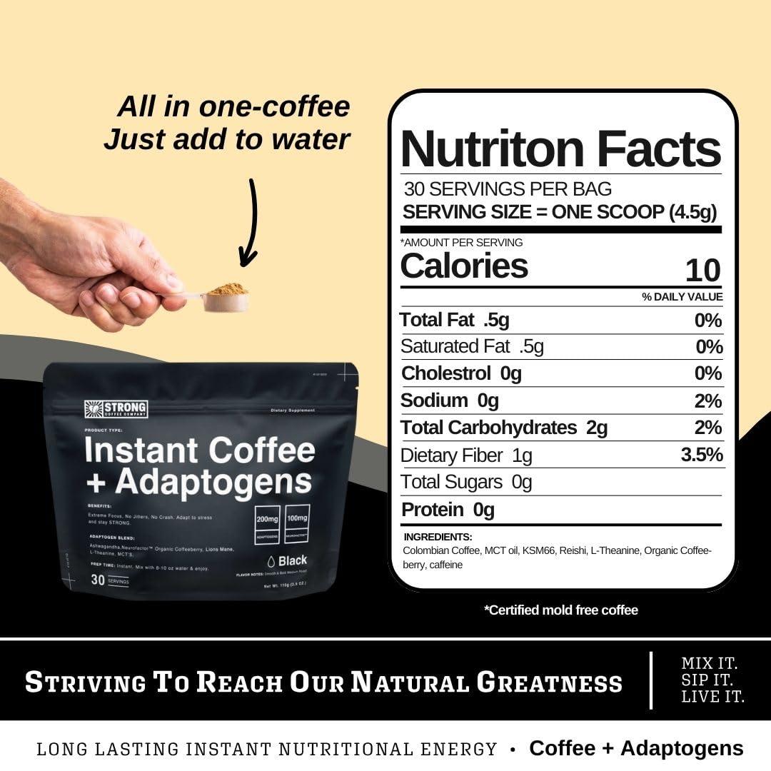 STRONG COFFEE COMPANY STRONG COFFEE COMPANY, INSTANT BLCAK COFFEE - 30 Servings, Extreme Focus, Adaptogen Coffee, No Jitters, No Crash