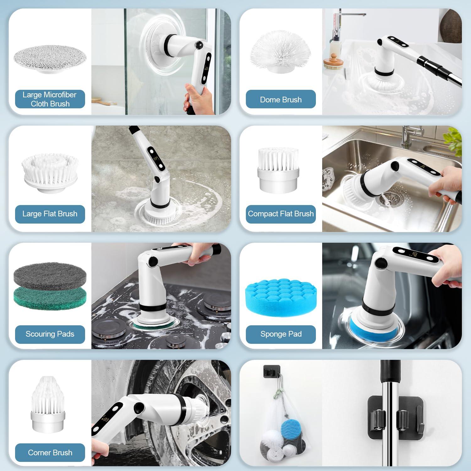 iezfix Electric Spin Scrubber, Power Brush for Cleaning Bathroom Shower, Tub Tile Floor Window Cleaner with Telescopic Rod, 8 in 1 Spinning Scrub Brushes, 3 Speeds Max 450 RPM, X03 Turbo Gray