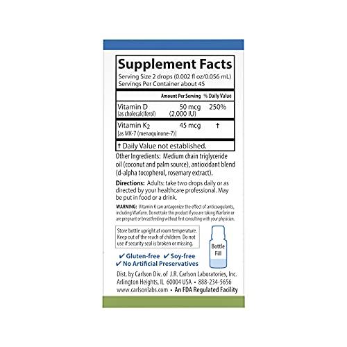 Carlson Carlson - Super Daily D3 + K2, 50 mcg D3 + 45 mcg MK-7, Heart & Bone Health, 90 Liquid Drops, 2.54 ml