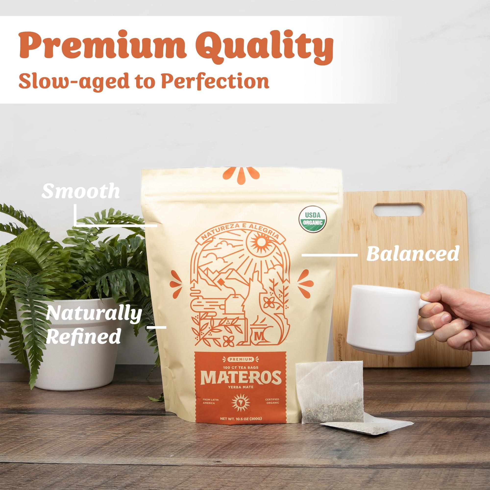 Materos Yerba Mate Loose Leaf Tea Bags, 100 Count Yerba Mate Tea Bag, 100% Organic, Premium Quality Yerba Mate Organic, Unsmoked & Aged, Large Caffeinated Herbal Yerba Mate Tea Bags
