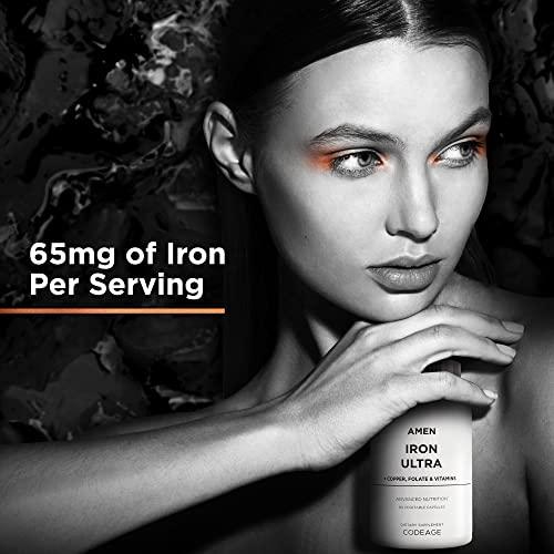 Amen Amen Iron Ultra Supplement + Copper, Folate, Vitamin C and Vitamin B12-2-Month Supply - Ferrous Sulfate Iron Vitamin - Iron 65mg Per Serving - Iron Folic Acid - Non-GMO Iron Pills - 60 Capsules
