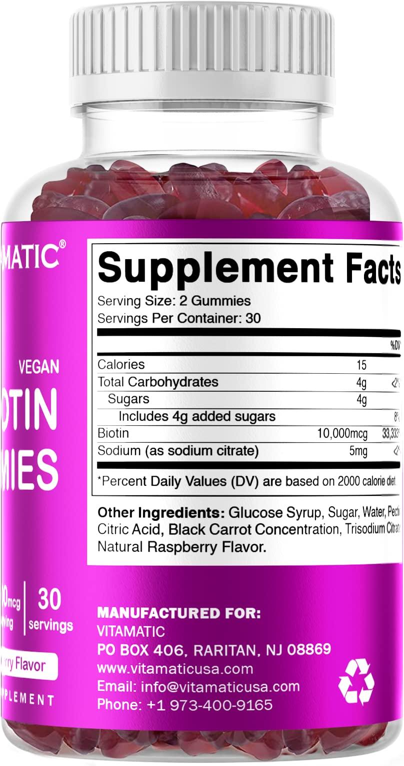 Vitamatic Vitamatic Biotin Gummies 10,000 mcg for Stronger Hair, Skin & Nails - 60 Vegan Gummies - Also Called Vitamin B7 (6 Bottles)