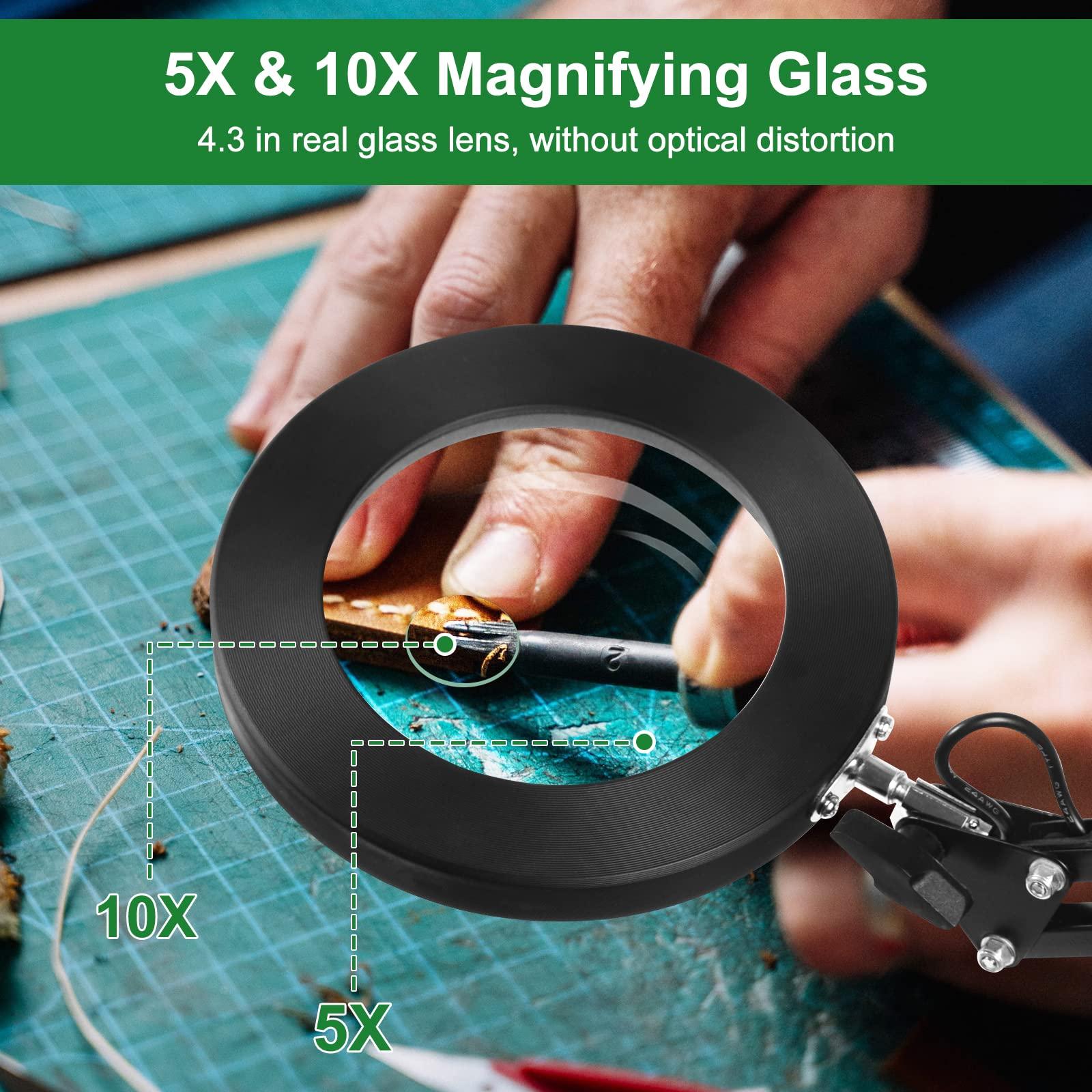 EOOKU Magnifying Glass with Light and Stand, EOOKU Flexible Magnetic Helping Hand, 5X&10X 12V 108pcs LED Beads Magnifying Lamp, 3 Modes Adjustable Swivel Gooseneck Arms & Heavy Duty Base Plate