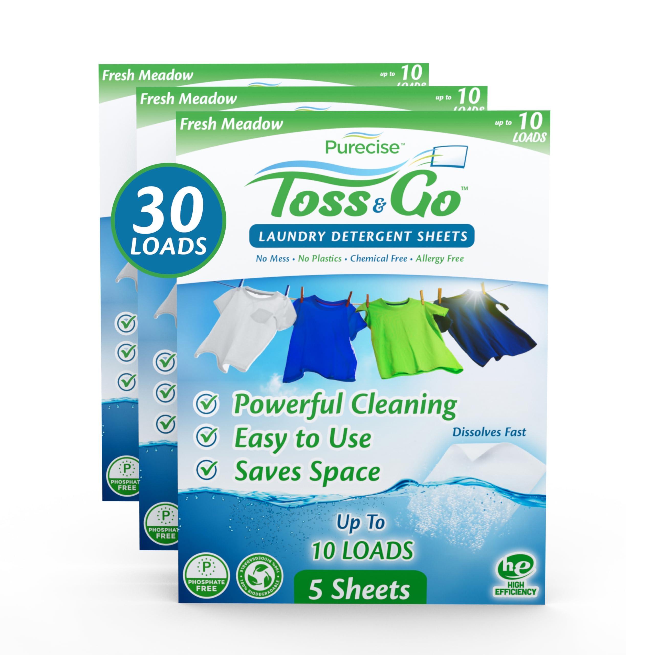 Purecise Purecise Travel Laundry Detergent Sheets, Lightweight & No Mess, Fresh Meadow Scent, 30 Loads Total (10 Loads Per Pack, Pack of 3), Travel Size Toiletries for Cruise & Airplane Travel Essentials