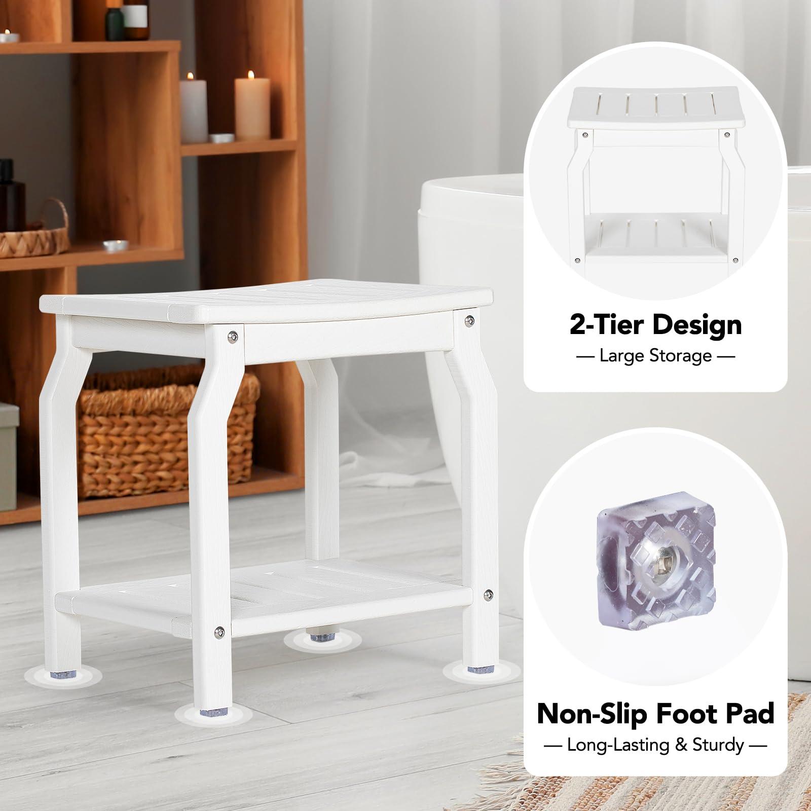 LOENIY LOENIY 2-Tier HDPE Shower Bench with Non-Slip Foot Pads, Wood-Like Spa Shower Stool for Inside Shower, Ergonomic Water-Proof Bathroom Bench Seat with Storage Shelf, for Seniors & Adults (White)