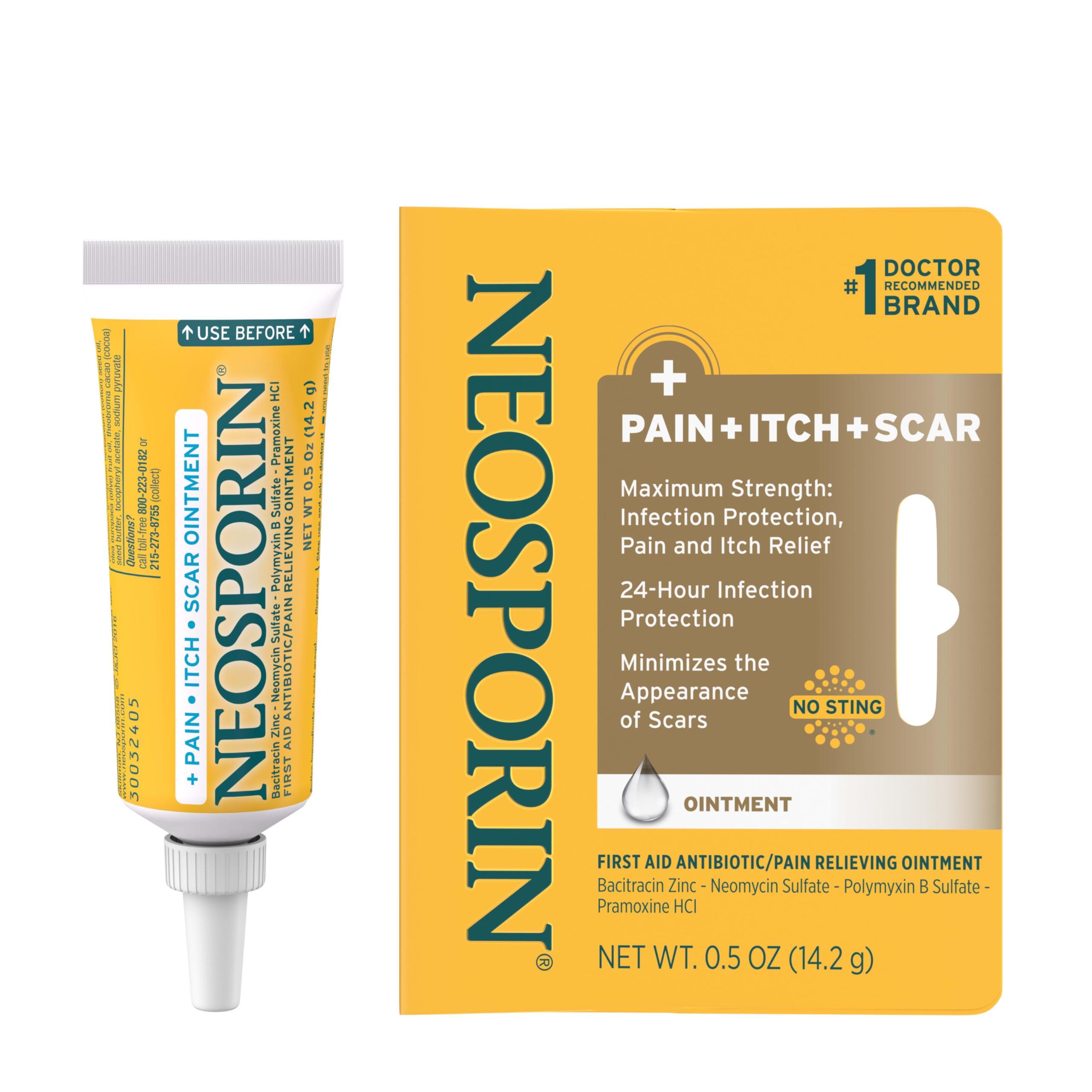 Neosporin Neosporin Antibiotic Pain-Relieving, Anti-Itch, & Scar Appearance Minimizer Ointment with Neomycin & Bacitracin Zinc, 24-Hour Infection Protection for Minor Cuts, Scrapes & Burns,.5 oz