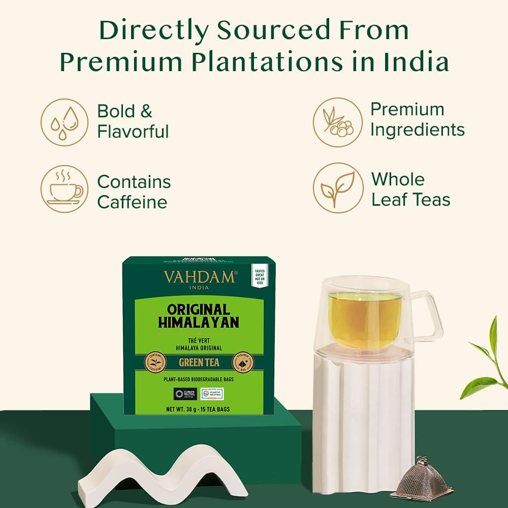 VAHDAM VAHDAM, Original Himalayan Green Tea (15 Count) High Grown, Non GMO, Gluten Free, Med Caffeine | Earthy, Smooth & Refreshing | Resealable & Individually Wrapped | Plant-Based Pyramid Tea Bags