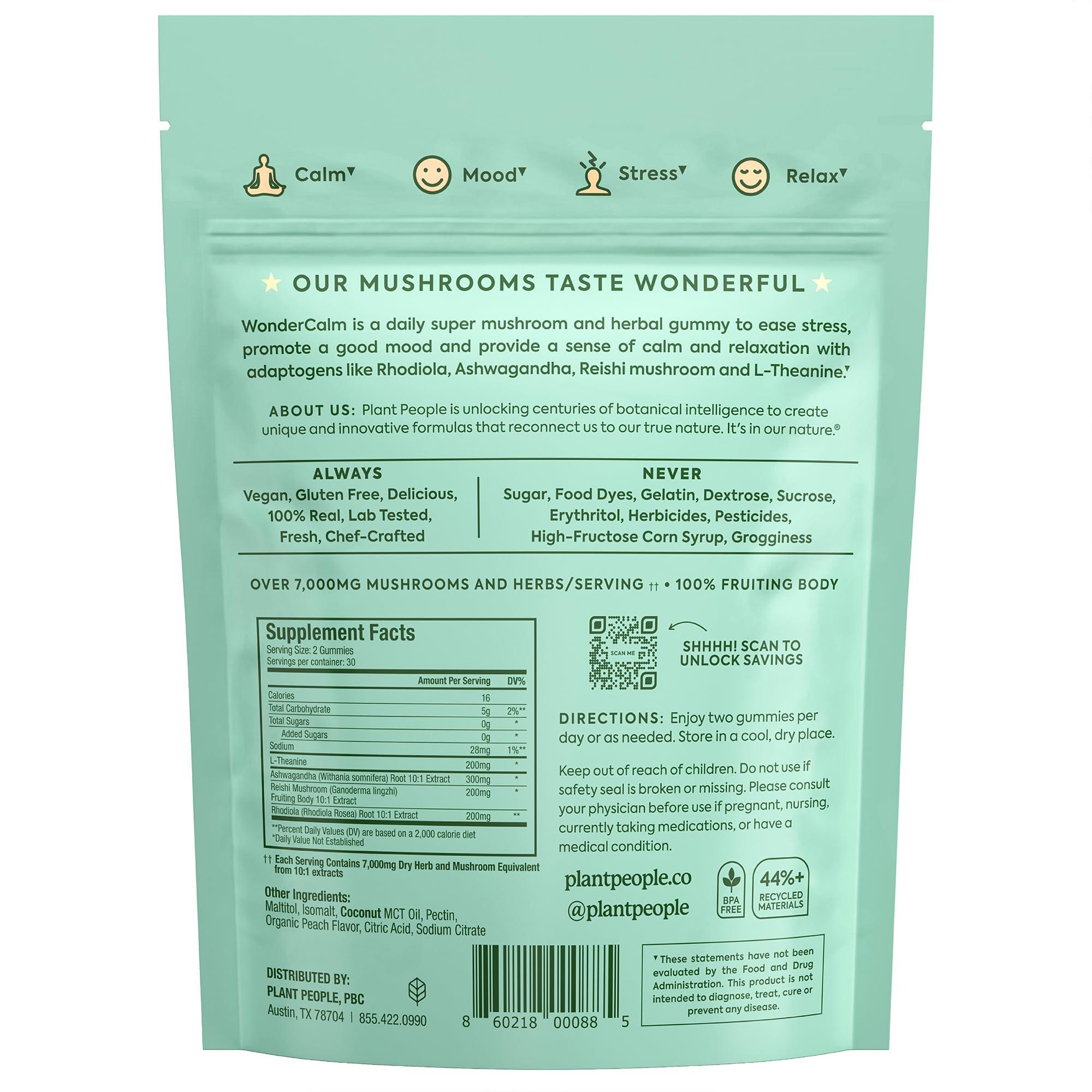 Plant People Plant People WonderCalm Mushroom Gummies - Natural Ashwagandha Supplement to Ease Stress & Boost Mood for Adults without Sugar, Gluten or Artificial Colors, Vegan-Friendly, Peach Flavor, 60 Count
