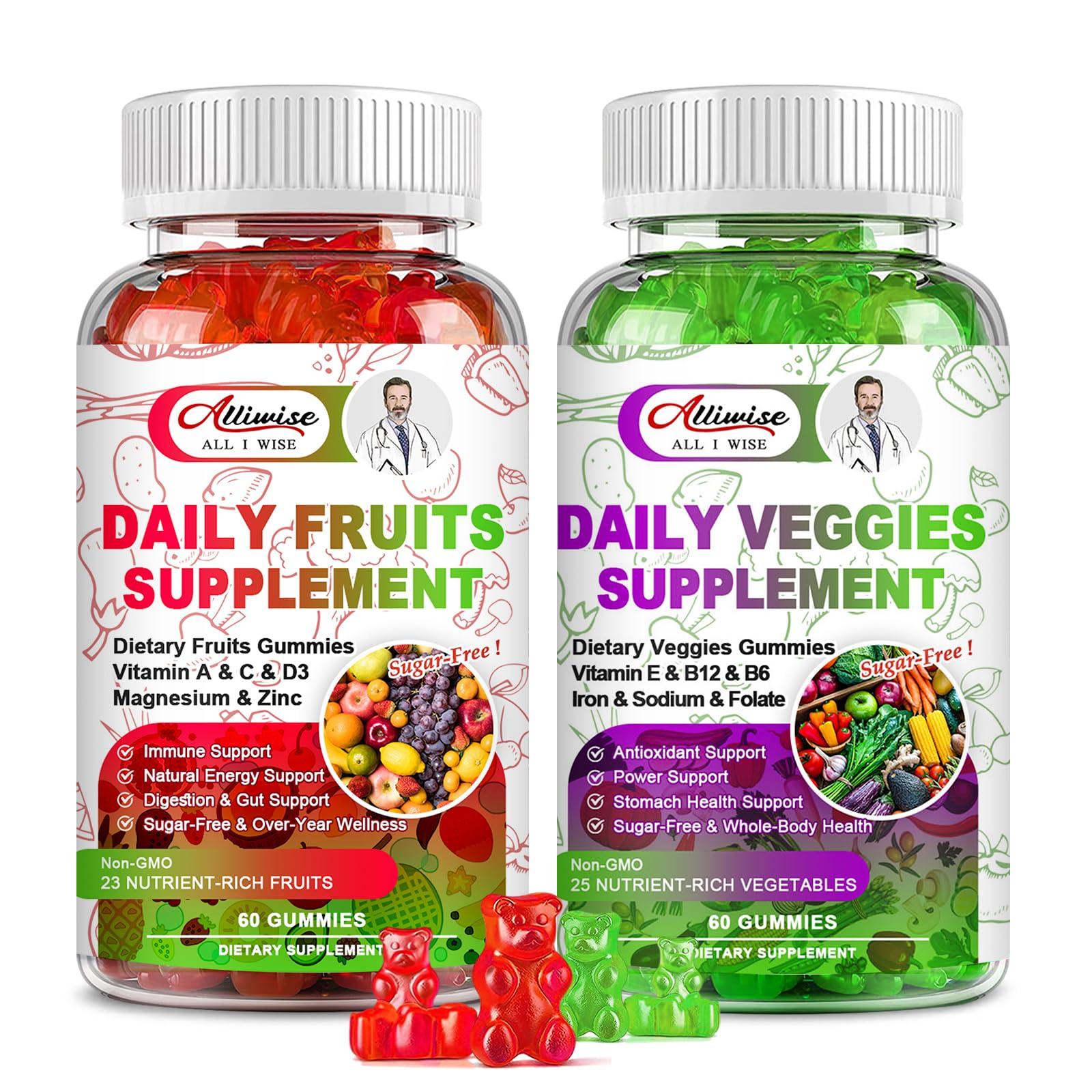 Alliwise Sugar-Free Fruits and Veggies Gummies Supplement, Multi-Vitamins & Minerals in Gummies, Natural Fruits and Vegetables Supplement, Immunity & Antioxidant & Energy Supplements for Women & Men