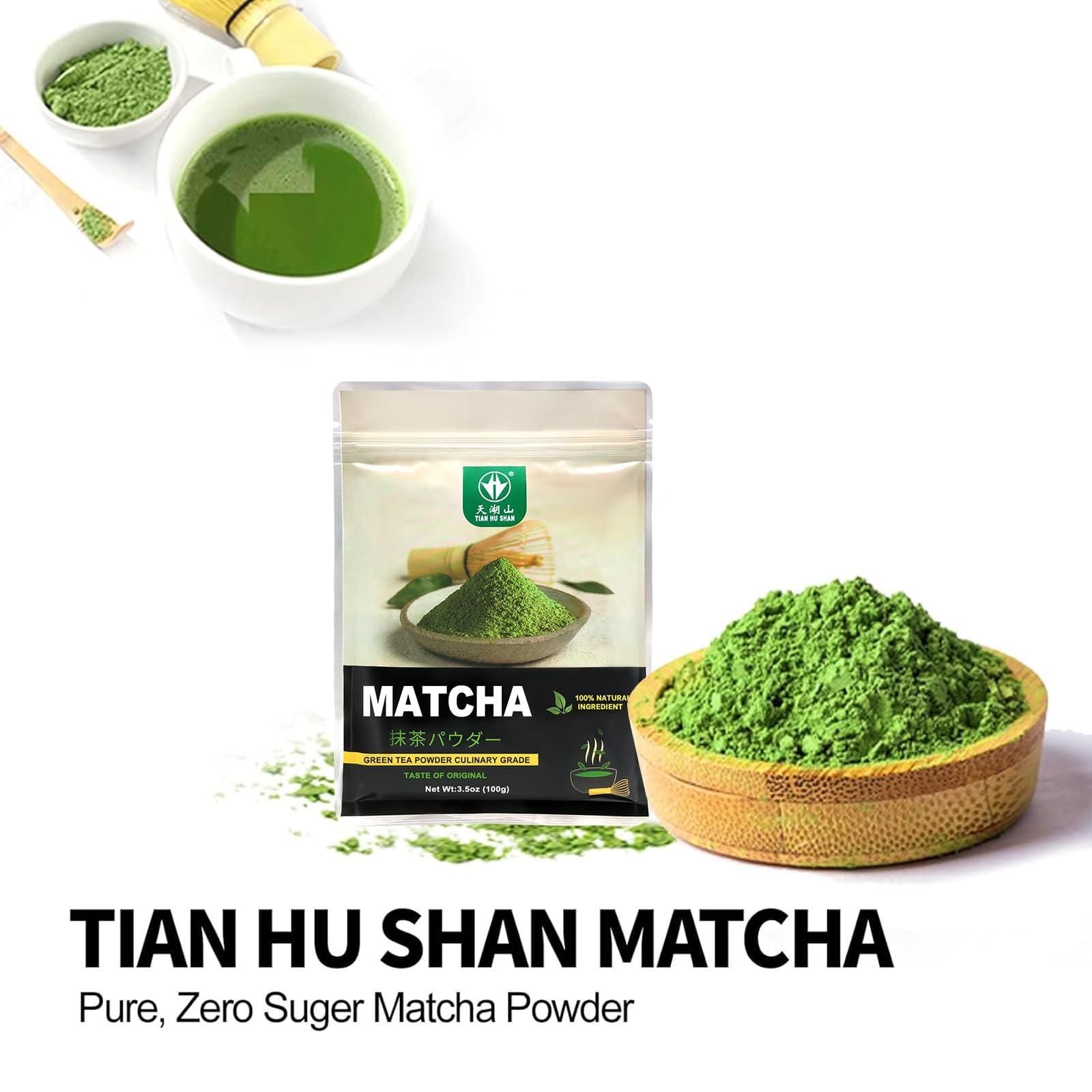 Tian Hu Shan TIAN HU SHAN Matcha Green Tea Powder 3.5oz/100g, Pure Matcha Powder Culinary Grade Unsweetened for Lattes, Cooking, Baking, Vegan 100% Natural