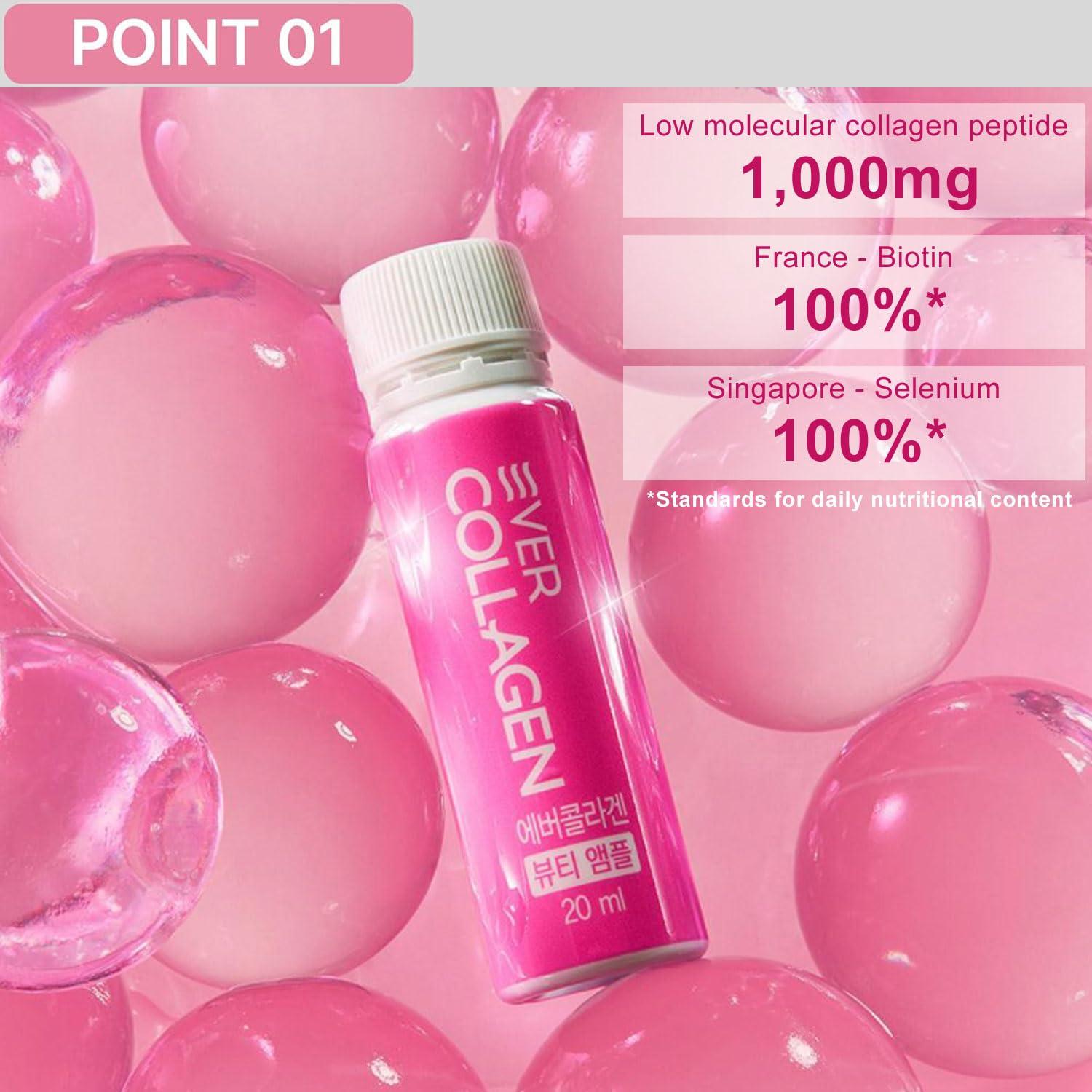 EVER COLLAGEN EVER COLLAGEN Beauty Ampoule - Liquid Marine Multi Collagen Drink Low Molecular Collagen Peptitdes Drinkable Supplement for Hair, Skin, Nail (1 Bottle Per Day, 14 Bottles)