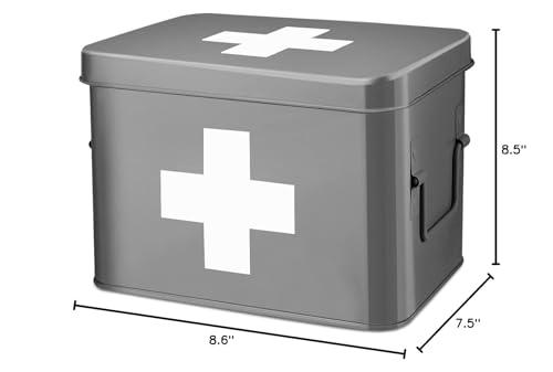 Flexzion Flexzion First Aid Box Organizer, Empty 8.5 Inch Gray Vintage First Aid Kit Tin Metal Medical Box First Aid Storage Box Container Bins with Dividers, Removable Tray and Cross Logo