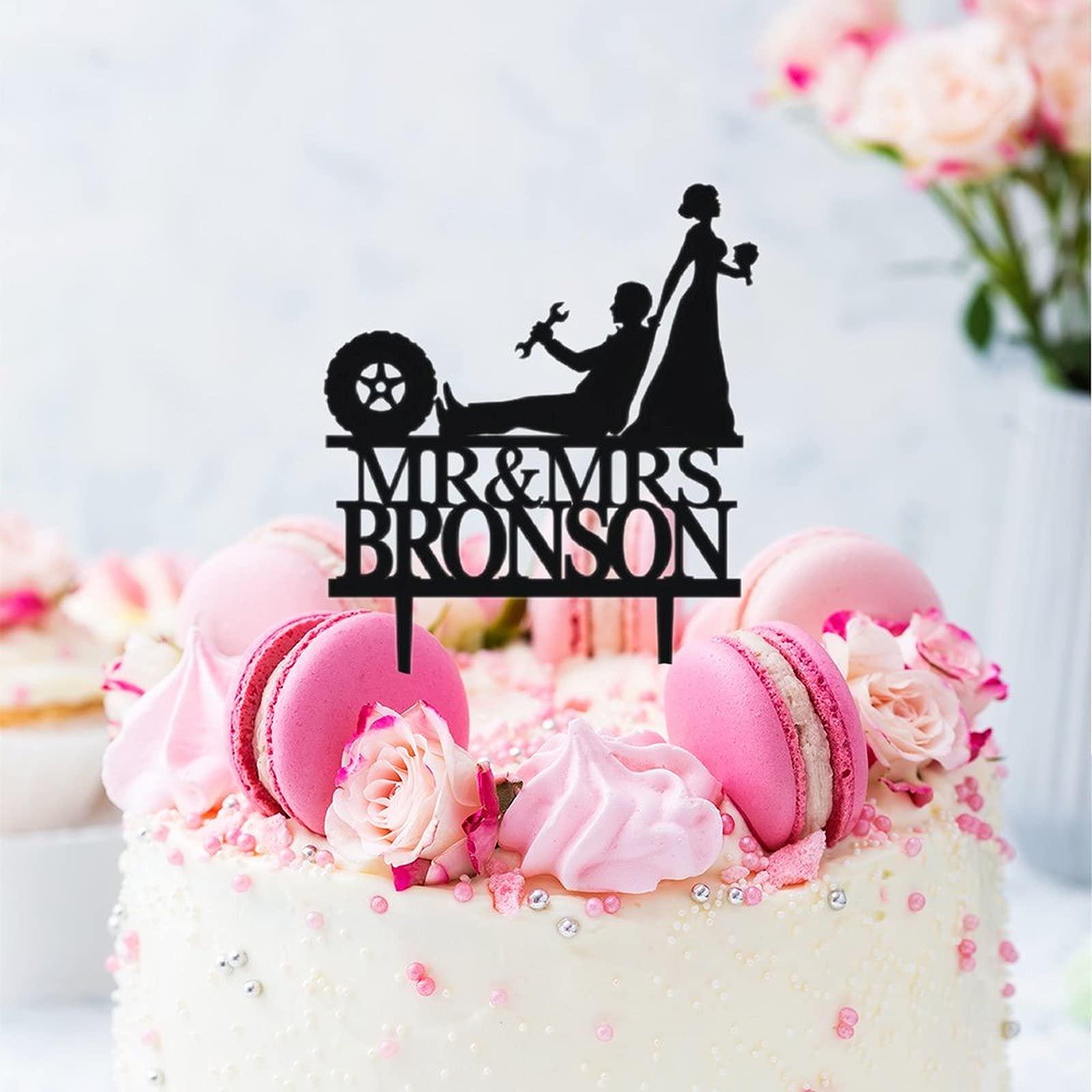 ArogGeld Mechanic Wedding Cake Topper Auto Car Mechanic Vintage Silhouettes Cake Topper Customized Wedding Date Name Bride & Groom Cake Topper for anniversary Engagement Wedding Party Decorations
