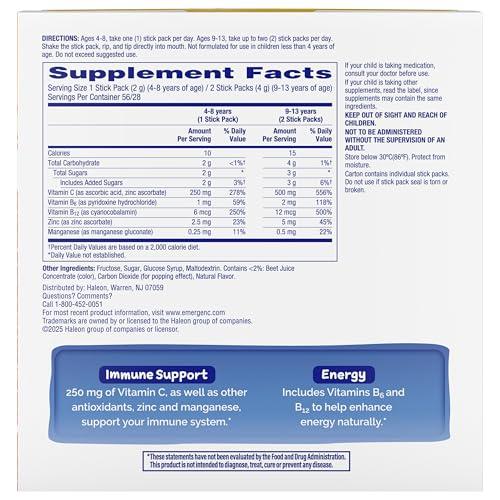 Emergen-C Emergen-C Kidz Crystals, Stocking Stuffer, On-the-Go Emergen-C Immune Support Supplement with Vitamin C, B Vitamins, Zinc and Manganese, Sparkly Strawberry - 56 Stick Packs