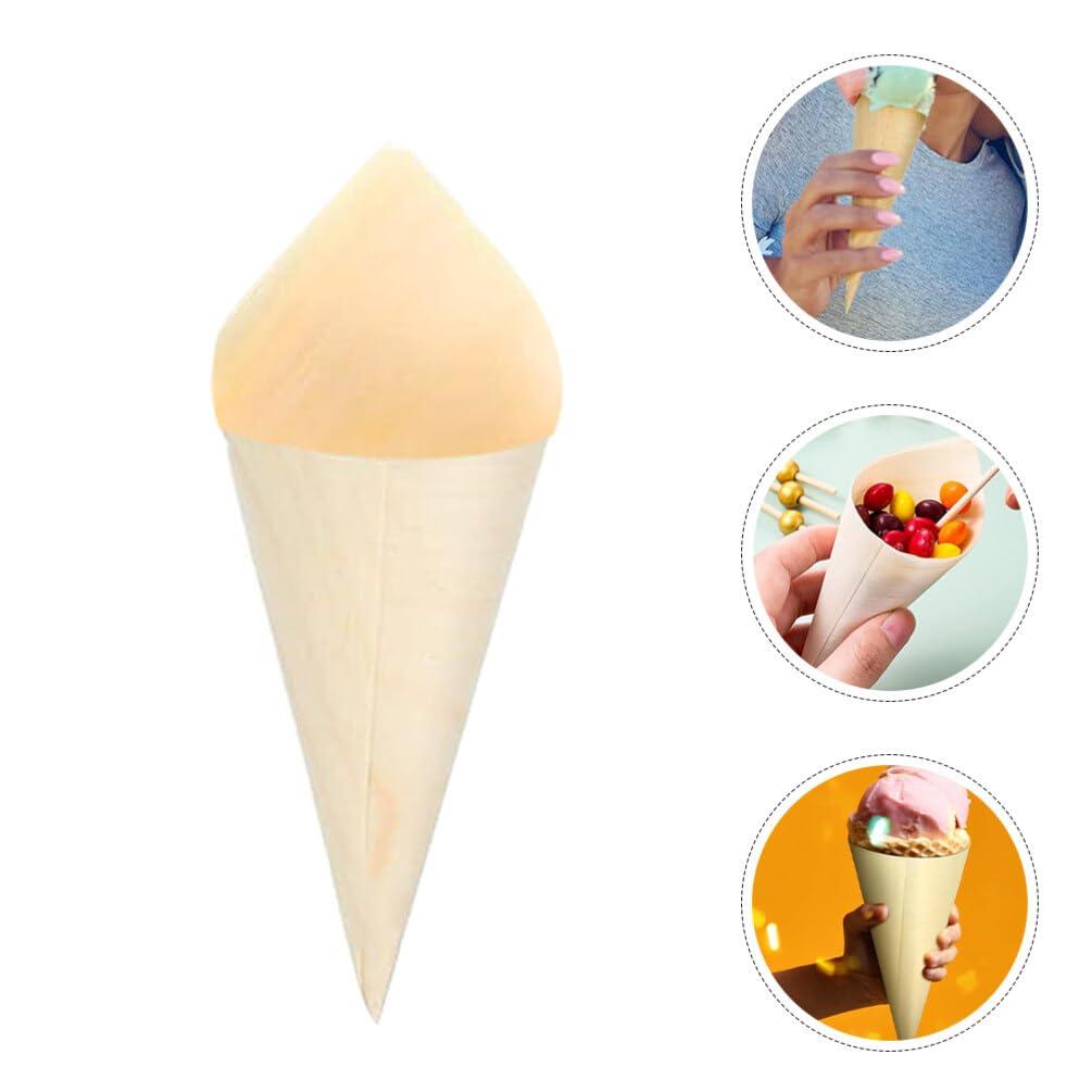 JECOMPRIS 100pcs Ice Cream Veneer Roll Chip Cones Food Cones Food Holder Wood Tasting Cones Wooden Ice Cream Cones Wooden Food Cone Popcorn Cones Wood Ice Cream Holder Wooden Dessert Cones