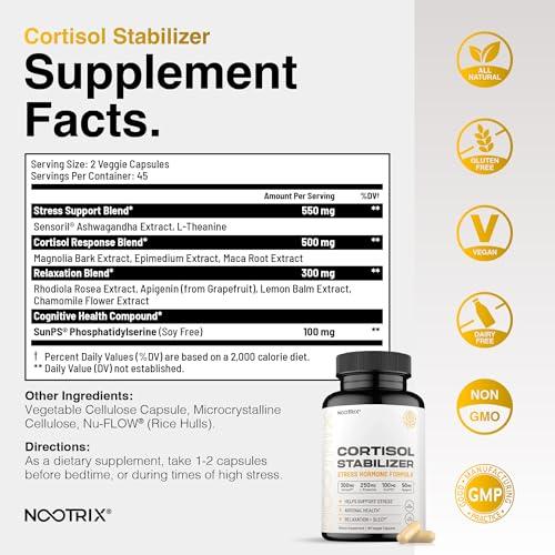 Nootrix Nootrix Cortisol Manager and Stabilizer Supplement | Supports Deep Sleep & Relaxation | Cortisol Supplement with Ashwagandha, L-Theanine, Rhodiola Rosea Extract & Apigenin | 90 Vegan Capsules