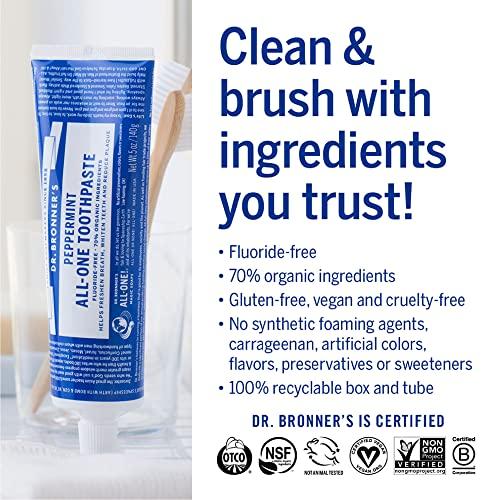 Dr. Bronner\'s Dr. Bronners - All-One Toothpaste Variety Pack - Peppermint & Spearmint, 70% Organic Ingredients, Fluoride-Free, Helps Freshen Breath, Vegan (5oz, 4-Pack)