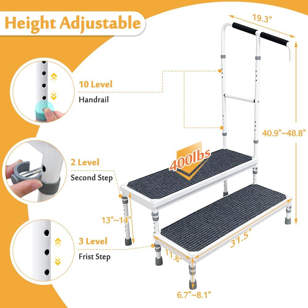 Mybow Mybow Bed Step Stool with Handle for Elderly Adults, High Beds Step Stool, Medical Bedside Step, Adjustable Bed Stairs for Adults, Wide Step Platform, Mobility Stepping Stool, Heavy Duty 2 Step Ramp