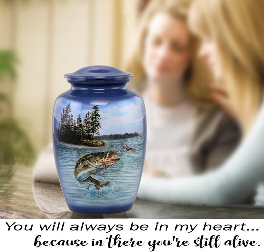 Immortal Memories Bass Fishing Large Urn - Cremation Urn for Human Ashes Male & Female - Heart Fishing Urn - Handcrafted Funeral Memorial Urn for Adults Urn Velvet Case & Bag (Large)