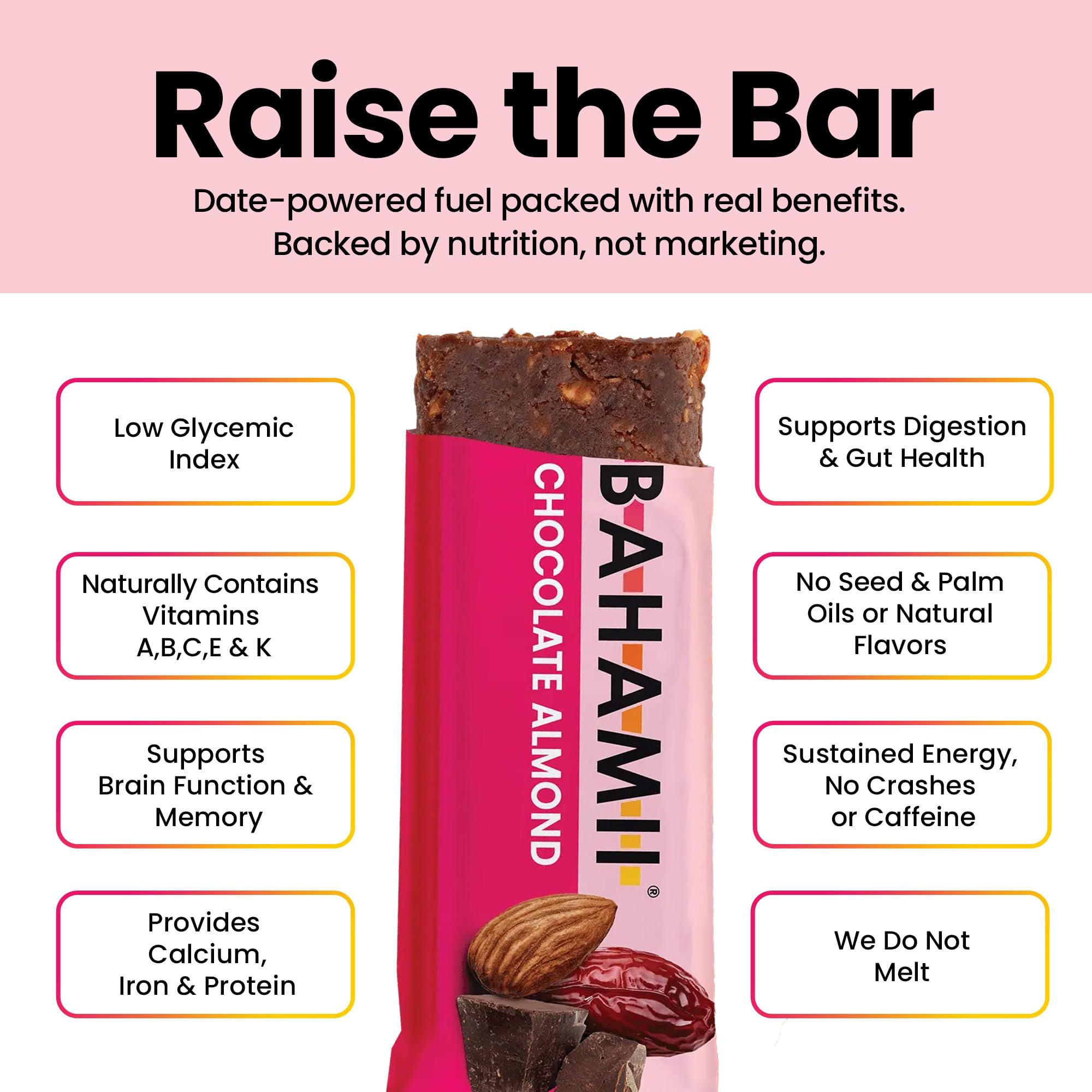 Bahamii Bahamii Nuts & Date Bars, Organic Healthy Snacks | 6-Pack | Gluten Free & 0g Added Sugar Low Calorie Snacks, No Preservatives, Plant Based, Kosher, Diabetic Snacks (12 Pack, Chocolate Almond (12 Pack))